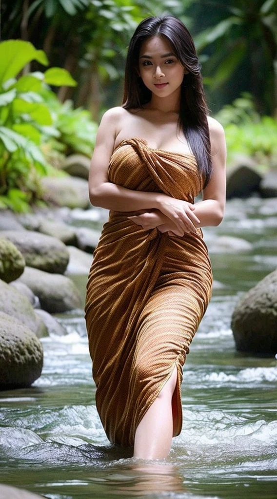A Beautiful Girl, (long-haired), ((Thai sarong, thin, Thai pattern drawing, bathe)), ((enormous breasts, Beautiful breast, plump breasts)), (ผอมthin, slim, flat stomach), (elongated legs), waterfall, stream, river bank, natural