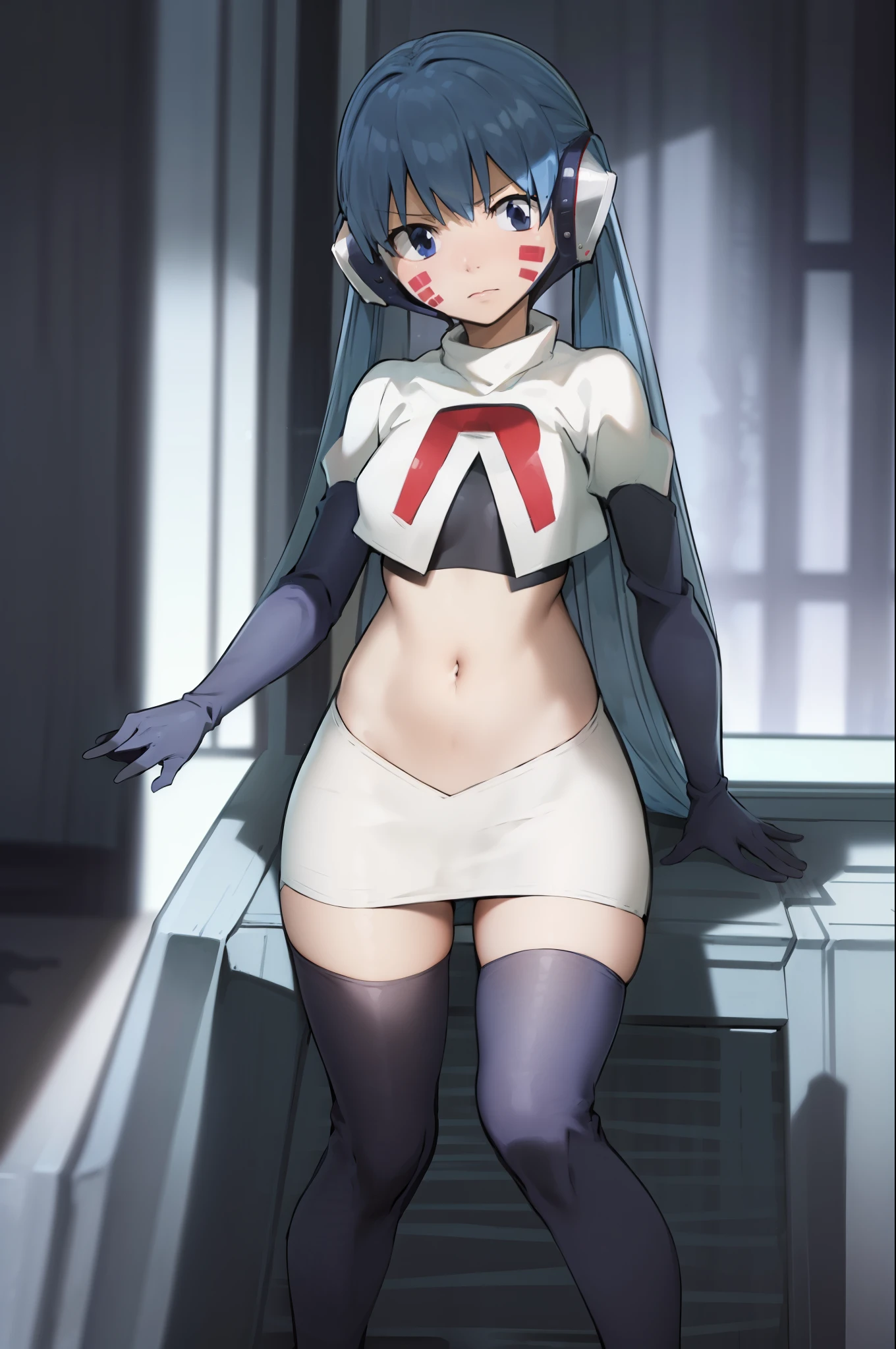 masterpiece, best quality, pov, harmit1, 1girl, solo, blue eyes, blue hair, long hair, twintails, facial mark, headphones,
team rocket,team rocket uniform, red letter R, white skirt,white crop top,black thigh-highs,black elbow gloves
