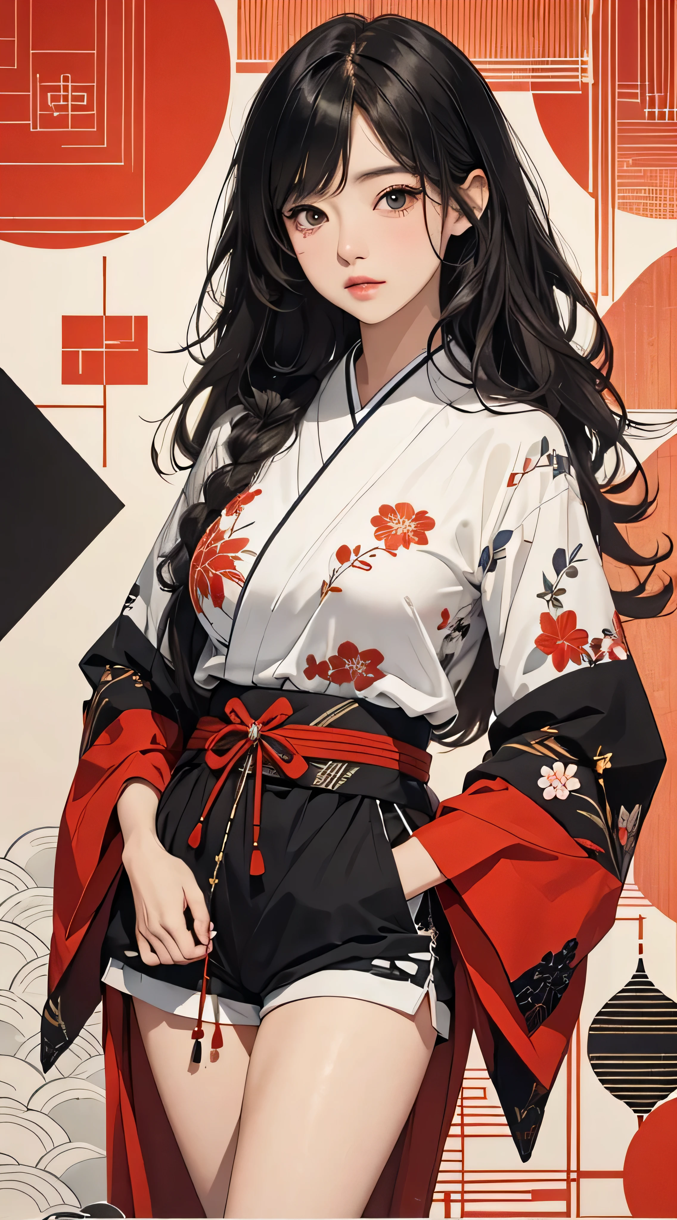 ((8k wallpaper of extremely detailed CG unit, masterpiece, hight resolution, top-quality, top-qualityのリアルテクスチャスキン)), (a very beautiful woman, Plump lips, The upper part of the body, Hands in pockets:1.5, Japanese pattern micro mini shorts:1.2, Japanese pattern blouson:1.2), (A dark-haired, hair messy, de pele branca, small tit), ((Colorful background with geometric patterns, Japanese pattern background, warm color)), (hyper realisitic, digitial painting),