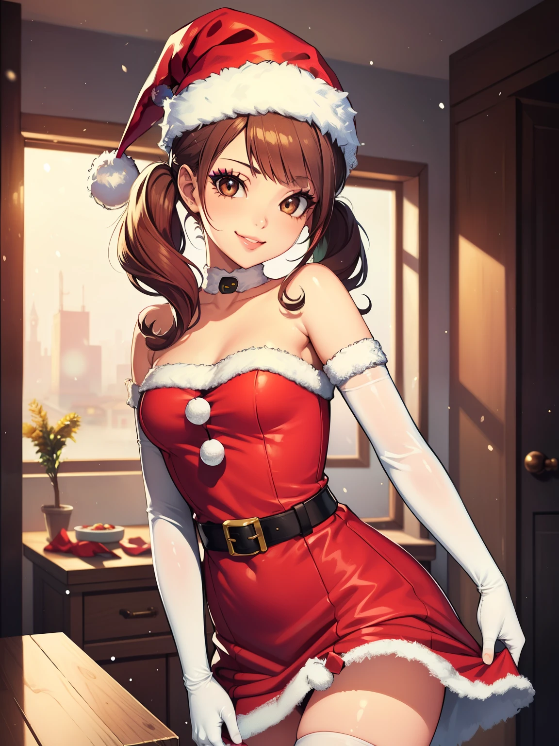 1girl, solo, masterpiece, best quality, high res, highly detailed, (illustration), beautiful detailed eyes, Rise Kujikawa (Persona) ,twintails, brown eyes ,glossy lips, makeup, smile, long white elbow gloves, cowboy shot, (santa), red santa dress, santa hat, strapless dress, white elbow gloves