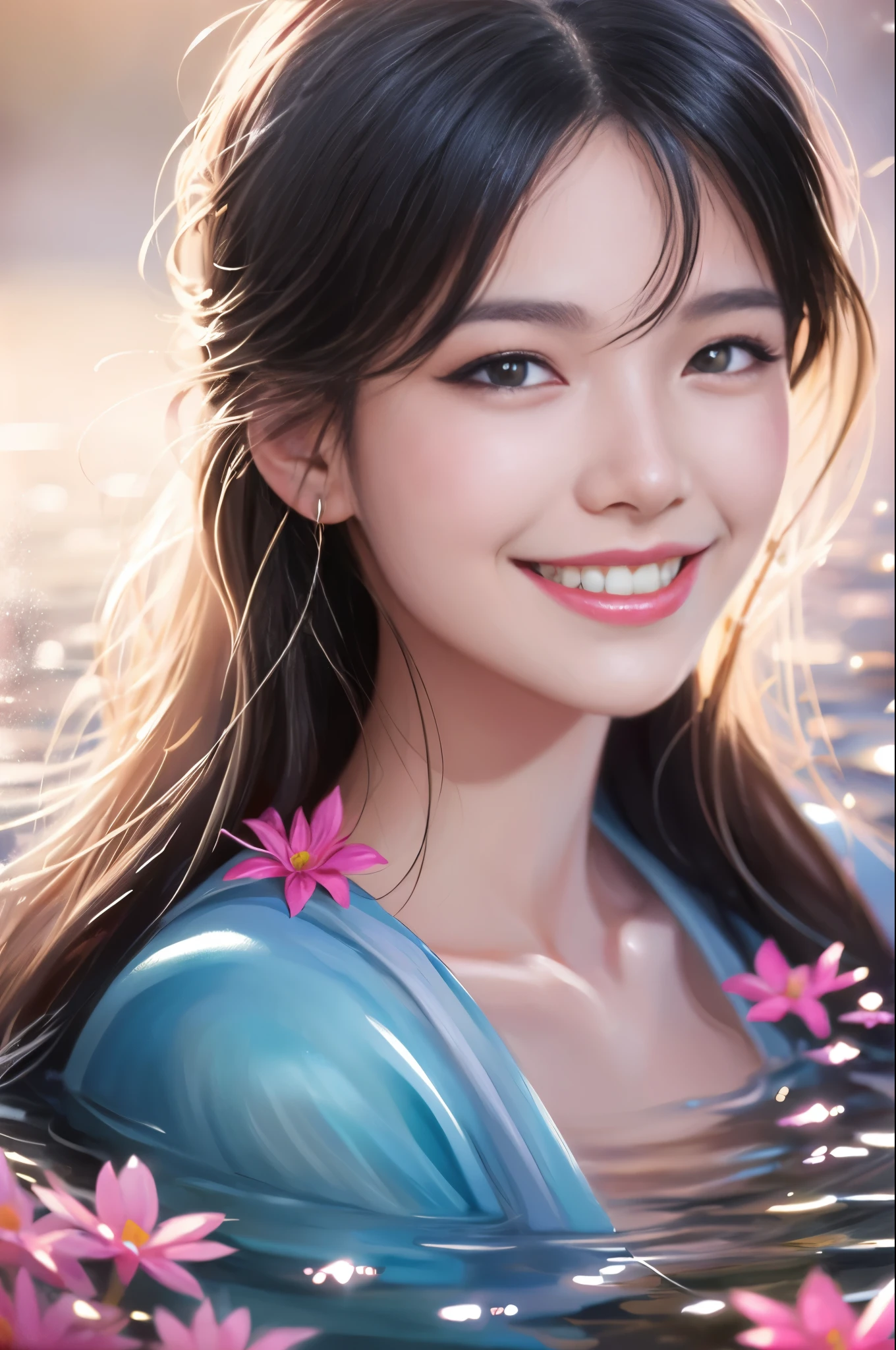 The beauty of black hair and flowers floating on water、Beautiful beauty、beautiful digital illustrations美しいアートワークイラスト美しいデジタルアートワーク、美しいgorgeous digital art、Beautiful digital art、Asian woman water element、gorgeous digital art、非常にBeautiful digital art、Close up fantasy with water magic、beautiful fantasy art、beautiful digital painting、beautiful digital illustrations、Gorgeous Digital Painting、wearing a robe like a celestial maiden、Smiling smile、