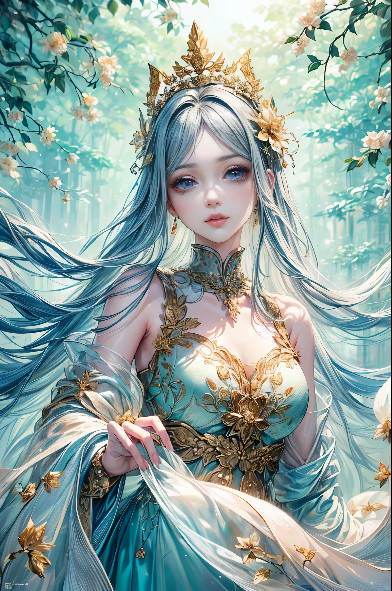 (best quality,8K,CG,detailed upper body,lonesome,girl,floral gown,forest background,eloquent facial features,elegant long hair,almond-shaped eyes,exquisite eye makeup,fluttering long eyelashes,big blinking eyes,twinkling stars,intricate lip details,soft and harmonious style)