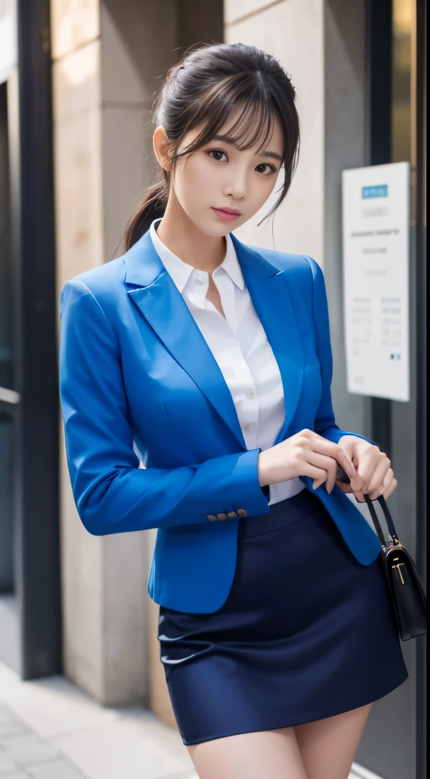 Best Quality、Top image quality、Ultra HD Images、((1人の女性、View photographer))、((Well-formed face、Actress face、Model face))、Shot from a distance、Standing、Model body type、Officelady、Slender Beauty、((Blue suit、Ribbon blouse、Blue tight skirt、high-heels))、((Perfect limbs))