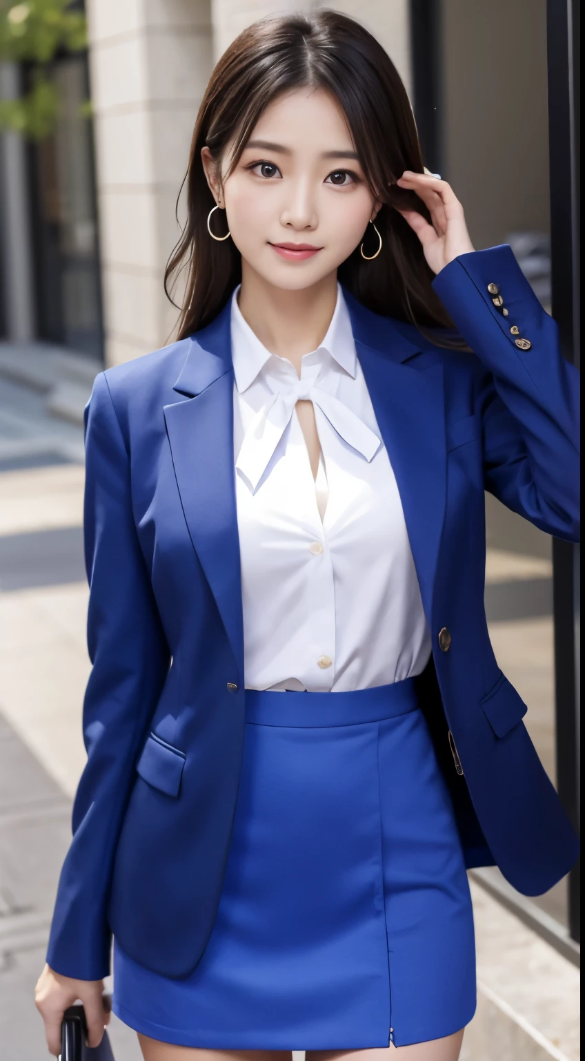 Best Quality、Top image quality、Ultra HD Images、((1人の女性、View photographer))、((Well-formed face、Actress face、Model face))、Shot from a distance、Standing、Model body type、Officelady、Slender Beauty、((Blue suit、Ribbon blouse、Blue tight skirt、high-heels))、((Perfect limbs))