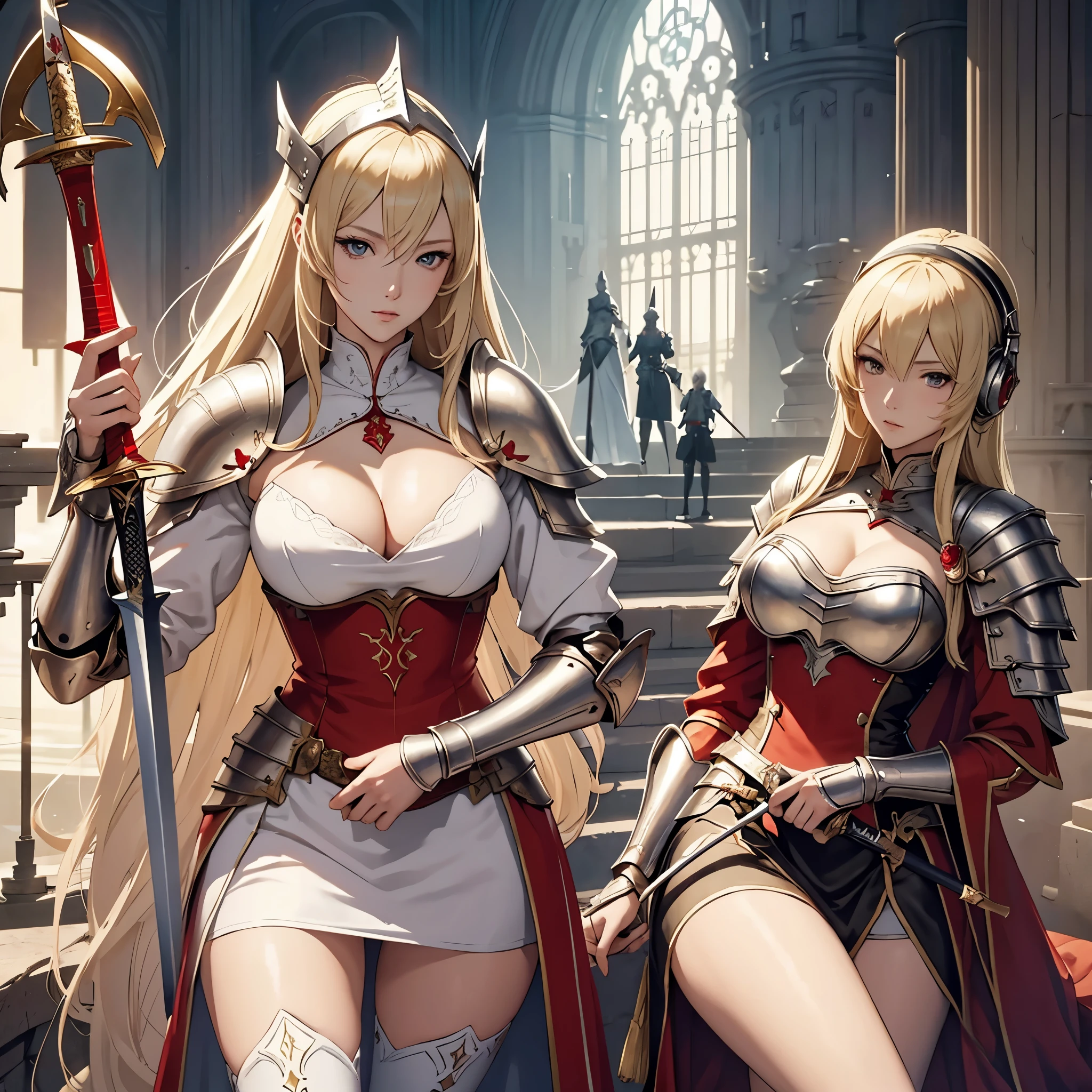 Masterpiece, best quality, White headphone, blonde, Korean woman, tall, slender, long beautiful legs, Female Knight, red gauntlet, red greave,  Sword, beautiful face, detailed face, detailed fingers, anime pastel, cleavage, Castle