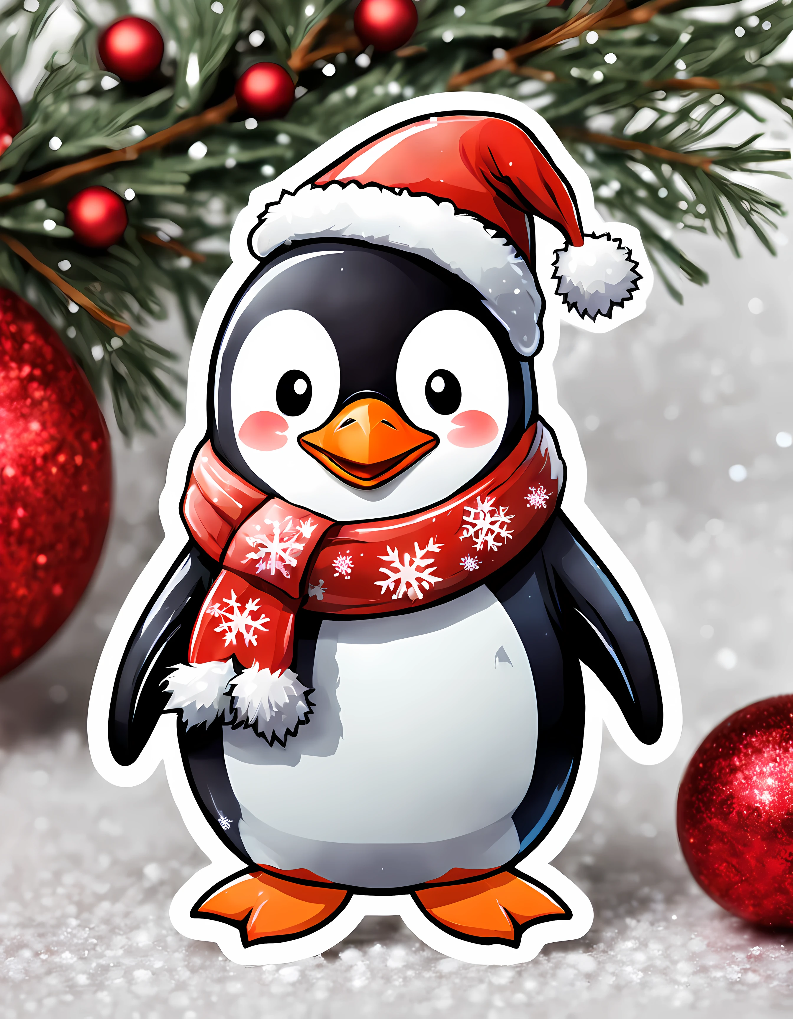 (sticker). | Masterpiece in maximum 16K resolution. | (Cute sticker of a happy penguin dressed in a Santa hat and a scarf). | Surrounded with (glittering snowflakes). | On a table with holly and pine boughs. | More_Detail