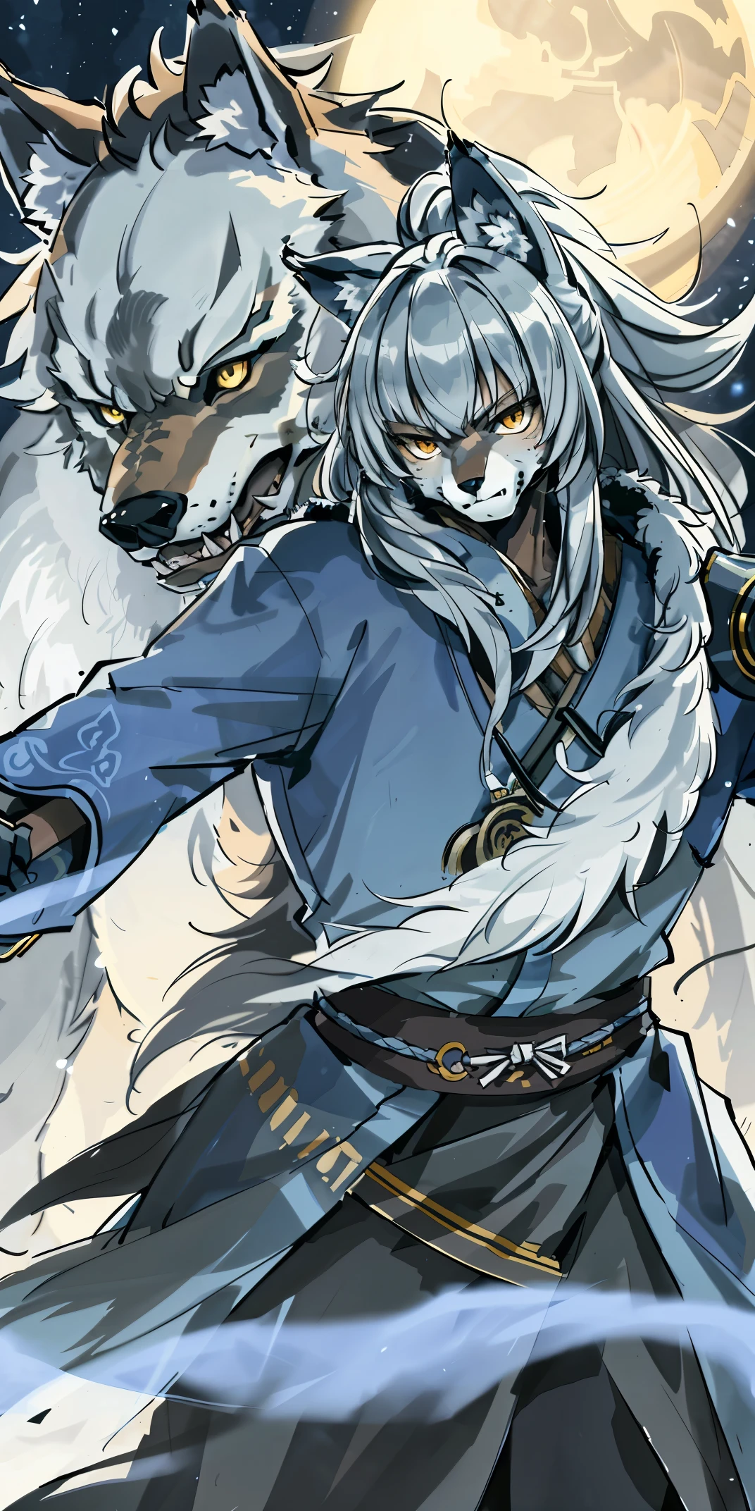 Top quality ultra-fine illustrations, movie poster, Zatoichi, Blind Swordsman, shuimobysim (bamboo forest, dark night with beautiful full moon, rays of light through bamboo, backlighting) (beautiful face and eyes with great detail) absurdres perfect anatomy ((Beastman))) (furry, solo focus, Japanese kimono, ninja, samurai, sword with blue flames, battle duels) (furry anthro:1.7) ((((furry body, wolf facial features,  wolf body features)))) ((((wolf muzzle highly detailed fur)))) full body, sturdy look, shouting, combat regime (dynamic pose),