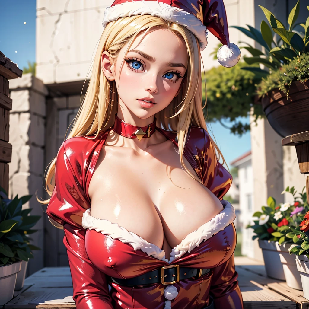 1girl, blonde hair, eyelashes, hair over one eye, blue eyes, big lips, ultra-detailed, high quality, highres, absurdres, best quality, best quality, large breasts, blurry background, long hair, bright pupils, shiny skin, tall female, colored skin, pink lips, outdoors, extremely detailed, original, glitter, shiny skin, shiny, large breasts, full body, huge tits, raised chest, red santa dress, Christmas hat, red santa hat,