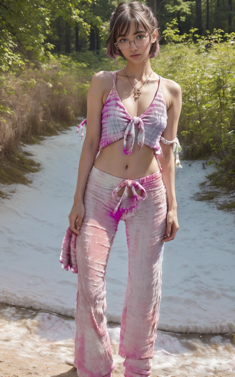 (8K, Masterpiece, RAW photo, Best quality, detail:1.3), (ultra realistic Natural background, scenary:1.5), Depth of field, Cinematic light, (ultra realistic face), (1 picture of 1 solo girl Airim Jones:1.6), 1girl, (Beautiful and elegant Russian girl), (skinny girl with glasses), (European face:1.3), (perfect complete full body:1.5), (small necklace, collarbone:1.1), ( [bangs|pigtails|bob|pixie] hair:1.5), (ultra detailed skin:1.4), (sexy [white|pink] outfit:1.6), (Tie-Dye Pants:1.5), (perfect standing pose:1.5), (perfect long legs:1.4)