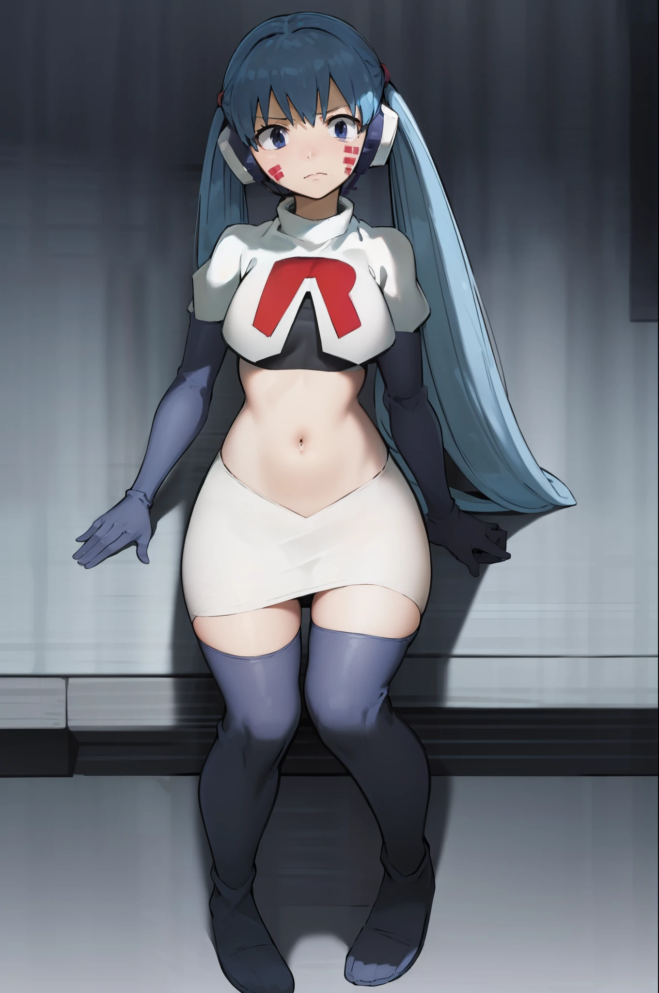 masterpiece, best quality, pov, harmit1, 1girl, solo, blue eyes, blue hair, long hair, twintails, facial mark, headphones, 
team rocket,team rocket uniform, red letter R, white skirt,white crop top,black thigh-highs,black elbow gloves