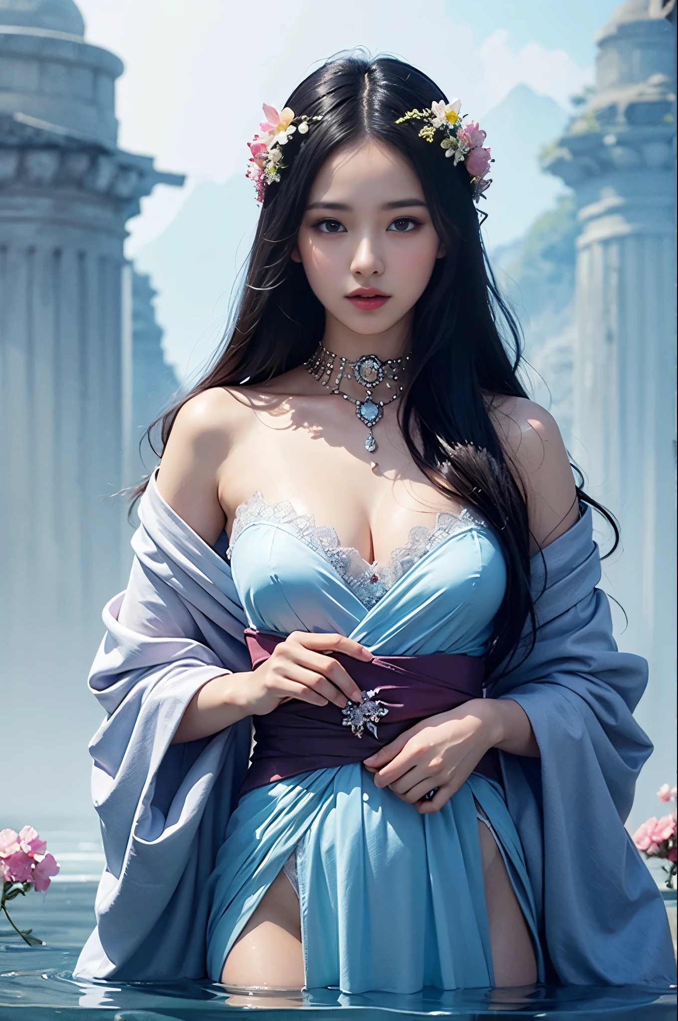 The beauty of black hair and flowers floating on water、Beautiful beauty、beautiful digital illustrations美しいアートワークイラスト美しいデジタルアートワーク、美しいgorgeous digital art、Beautiful digital art、Asian woman water element、gorgeous digital art、非常にBeautiful digital art、Close up fantasy with water magic、beautiful fantasy art、beautiful digital painting、beautiful digital illustrations、Gorgeous Digital Painting、wearing a robe like a celestial maiden.、