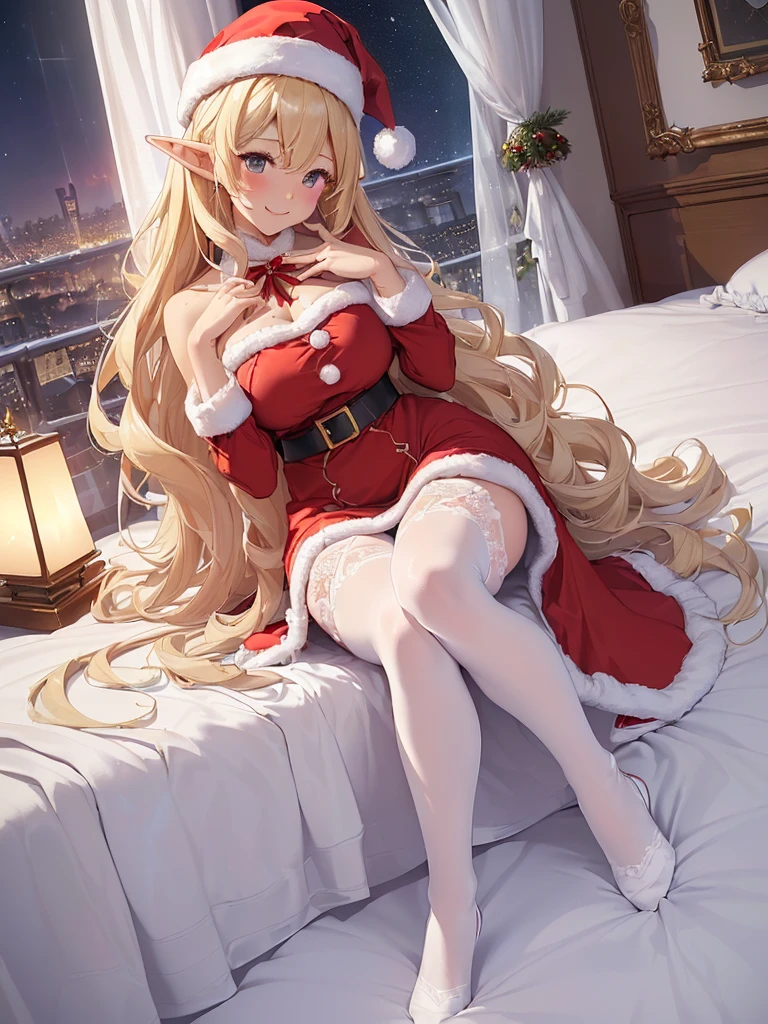 top-quality、Top image quality、​masterpiece、Angle seen from the side、Beautiful Elf Woman((20yr old、Best Bust、big bast、Bust 90,Beautiful long hair、A slender、a closeup、Esbian、beautiful elf underwear、hiquality、Beautiful Art、Bedroom、Luxury hotel in the city、inside in room、masutepiece、visualart、depth of fields、、、🎵、Happy smile、Red Santa Hats、Beautiful winter legs that are gentle on the skin、、Number of fingers to achieve precise finger movements、nffsw、nffsw、Kime Pose！Blonde head hair、、her clothes are white underwear、Fine embroidery、Beautiful pattern、Racing、feet in white stockings、How about？seductiv、Spread the legitimate starry sky out to the window、beautiful night scene、Sexy mood、Christmas Eve、Christmas tree、Sexy Night.nffsw、Sexy skin-tight leggings and white stockings、Standing in front of the night view of the city covered entirely in glass、nsforgeous body stockings:1.3), (intricate lace:1.4), (Watch thoroughly:1.5),Looks three-dimensional when lit up、Skin Texture、erotic nsfw,nude