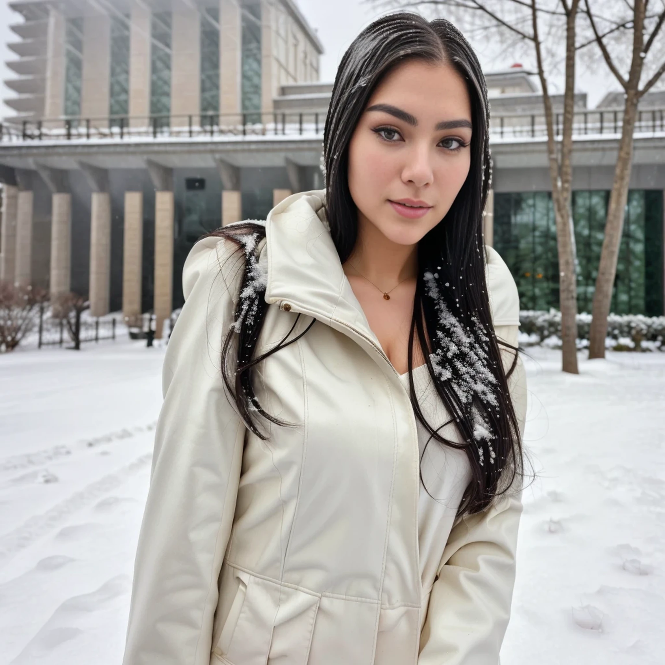 realistic photos of (1 cute Korean star) Shoulder-length hair, thin makeup, medium breasts size, wearing coat, in the snow, clear facial features, 8K high resolution, sharp and realistic details.from outside, Eye-Level Shot, f/4.0, 135mm, Fujifilm, jpeg artifacts, dithering, UHD, masterpiece