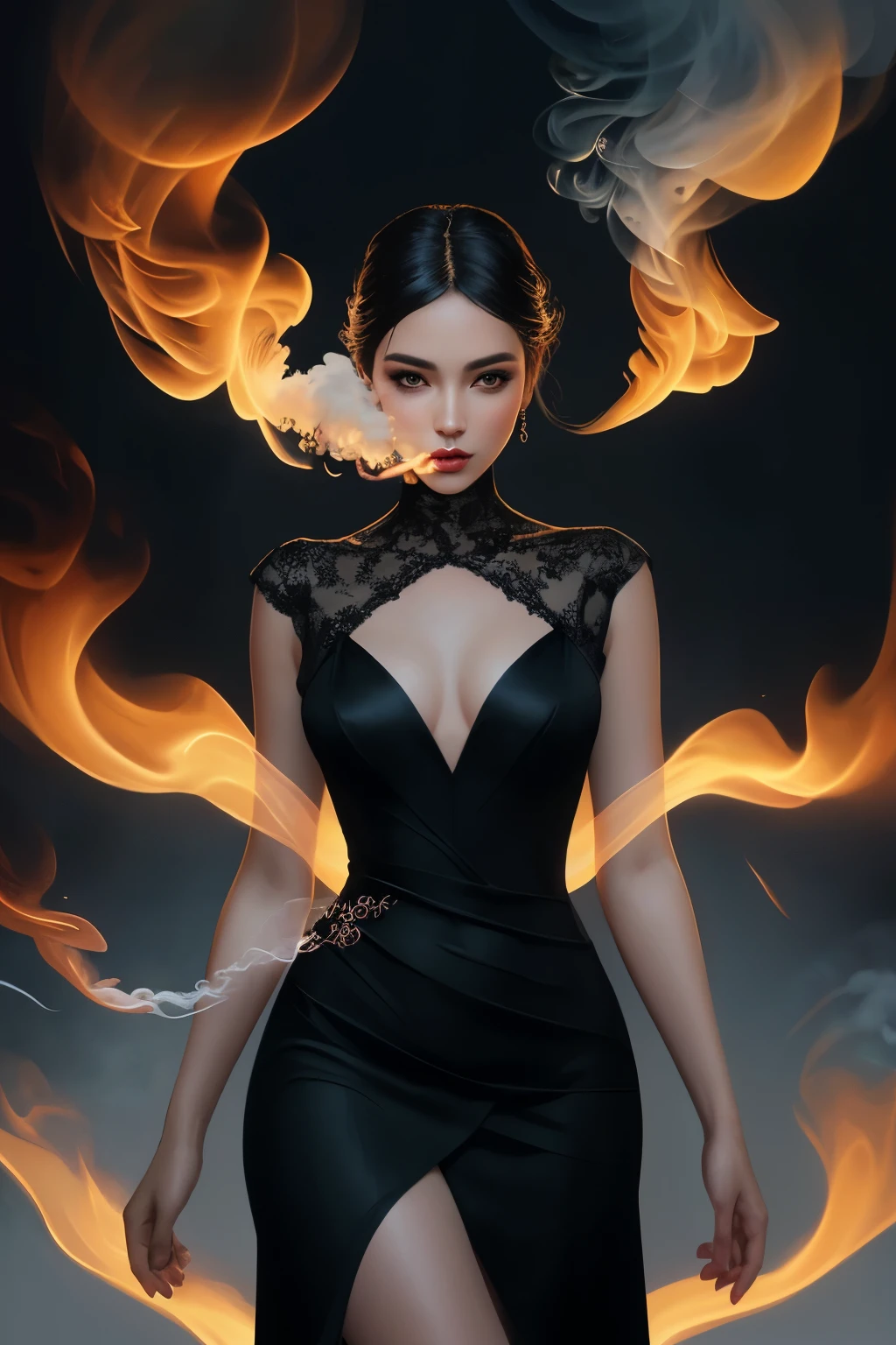 arafed image of a woman in a black dress with smoke, gorgeous digital art, exquisite digital illustration, stunning digital illustration, airbrush dark dress, beautiful gorgeous digital art, beautiful digital artwork, stunning digital art, beautiful digital art, very beautiful digital art, breathtaking digital art, elegant digital painting, gorgeous digital painting, beautiful digital illustration, digital art of an elegant