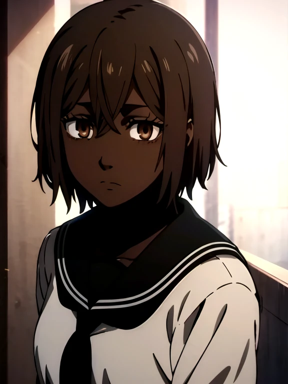 1 girl, (dark skin:1.2), shy, cute, (8k, RAW photo, best quality, masterpiece:1.2) ultra-detailed, detailed, vivid colors, studio lighting, blank eyes, white eyes, (detailed eyes, perfect eyes:1.1) black hair, short hair, anatomically correct, brown eyes, black_serafuku, anime screenshot, short skirt,