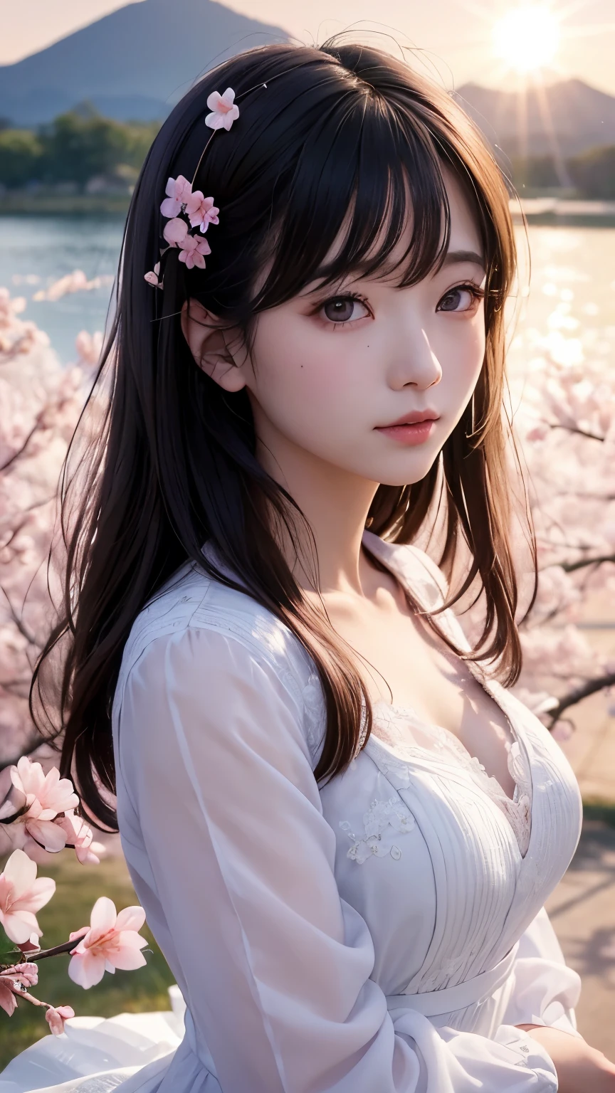(A logo、​masterpiece、8K、masutepiece、Raw photo、Fantastic、Best Quality、フォトリアリスティックでighly detailedな CG 統合 8k 壁紙、hightquality、ighly detailed、epic poem、Particle effect、Dynamic effects、depth of fields、Cinematic Light、Lens Flare、Ray tracing)、Fantasia、 (Beauty 1 person、doress、Dress、Cherry blossom pattern、A dark-haired、Beautiful face、Real Face、beautiful details eyes beautiful skin)、髪がthe windで踊る、Hair flutters in the wind、Hair jumps、Pink cherry blossom tree、Petals flutter、Sakura blizzard、Superb view、morning glow、Sun in the background、the wind、