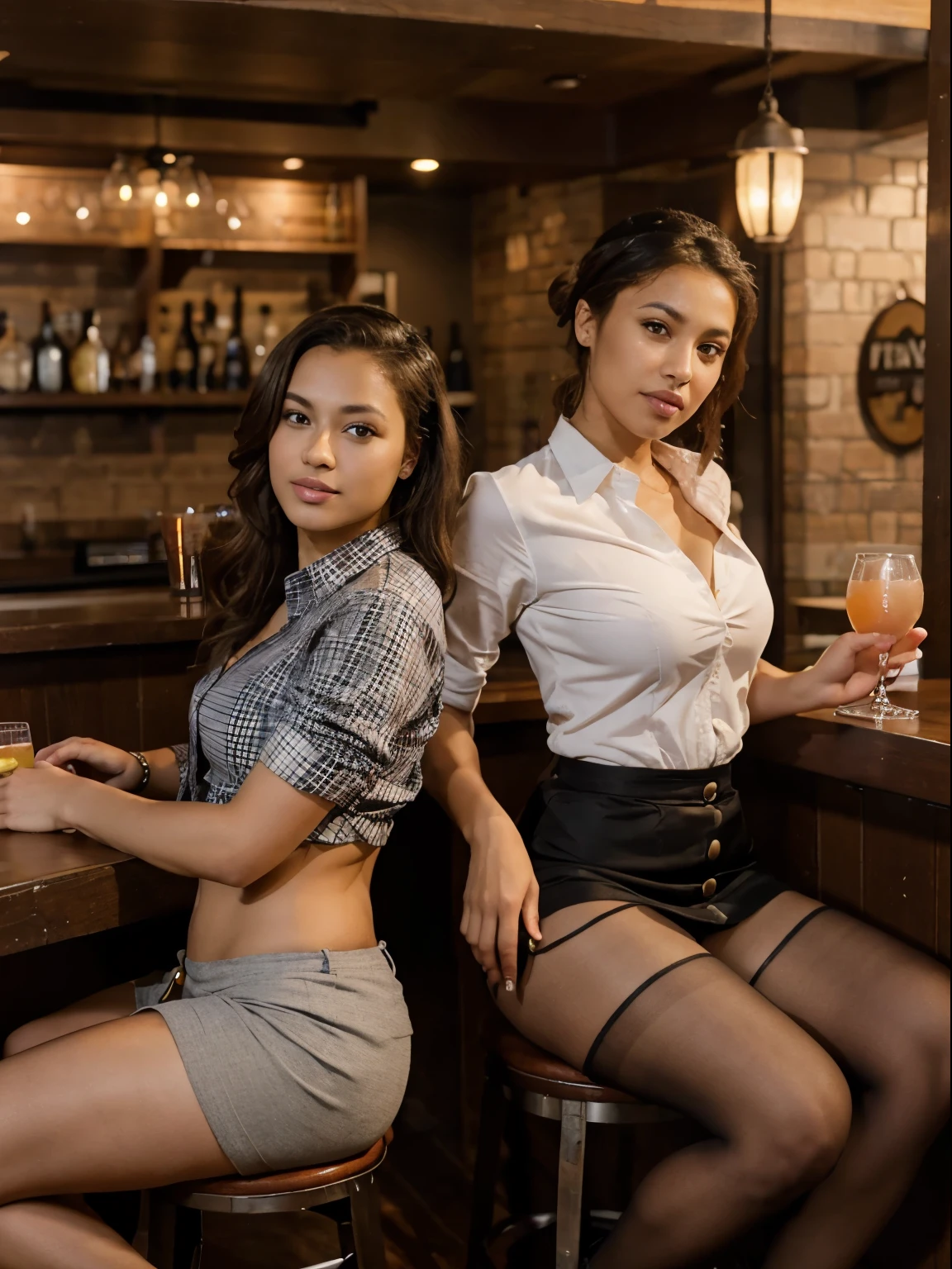 Mixed race couple, 1 male and 1 female, sitting at a bar having drinks.the female is wearing a tight tight skirt, button down shirt, with pantyhose and high heels