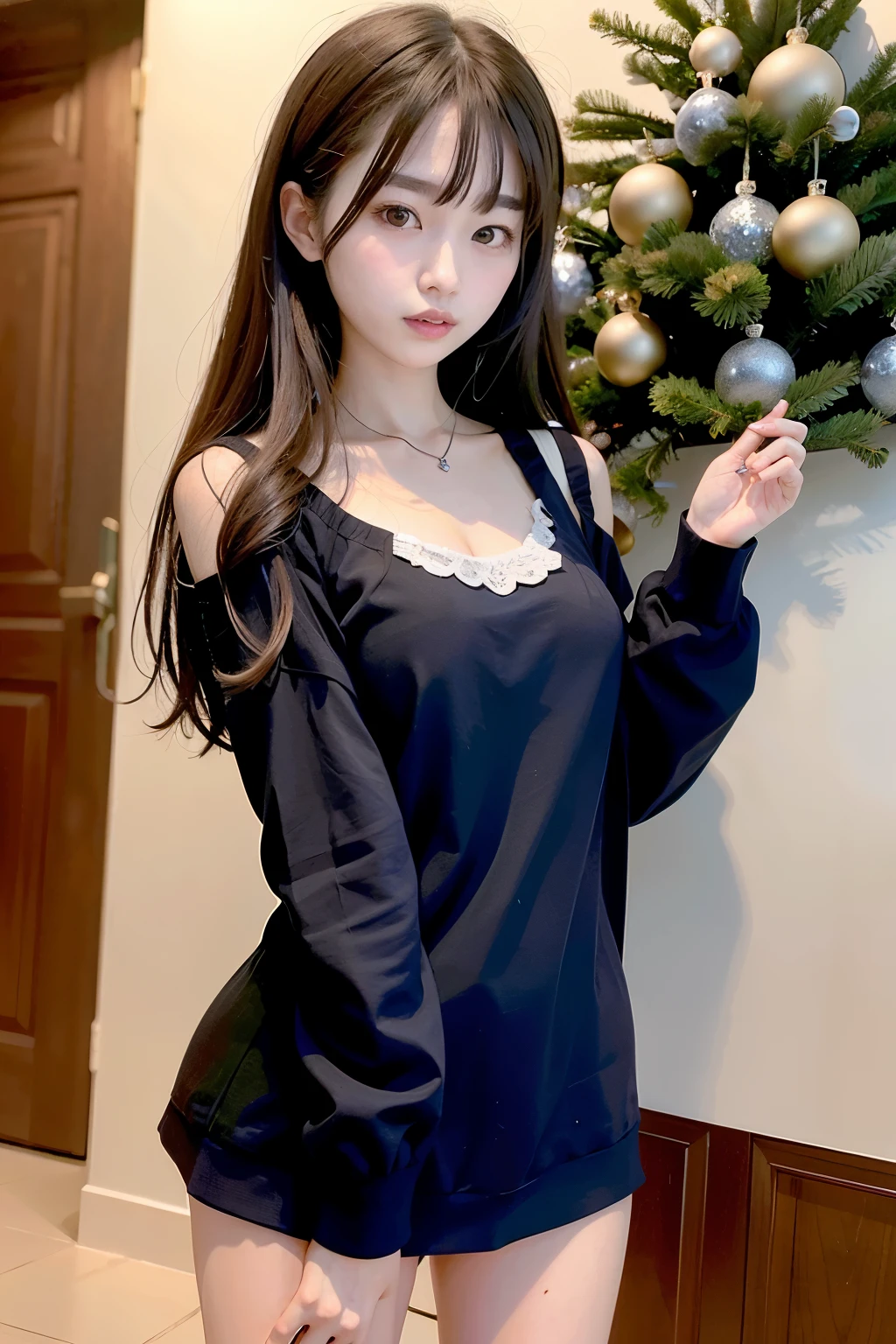 incredibly absurd, beautiful and cute 20-year-old Korean girl with a photorealistic face, showcasing top-quality craftsmanship. Her slender frame adorned with short, messy hair. The artwork high-resolution, allowing for ultra-detailed features to be captured flawlessly. The girl depicted naked. The focus lies on the realistic pupils, showcasing depth and emotion. ((breasts out)) cute smile. Christmas Costume.