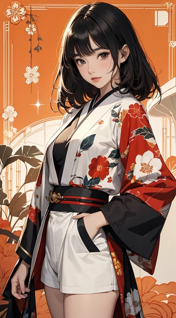 ((8k wallpaper of extremely detailed CG unit, masterpiece, hight resolution, top-quality, top-qualityのリアルテクスチャスキン)), (a very beautiful woman, Plump lips, The upper part of the body, Hands in pockets:1.5, Japanese pattern micro mini shorts:1.2, Japanese pattern blouson:1.2), (A dark-haired, hair messy, de pele branca, small tit), ((Colorful background with geometric patterns, Japanese pattern background, warm color)), (Composition from the side, hyper realisitic, digitial painting),