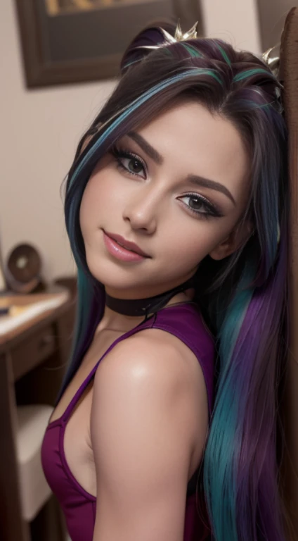 (Obra maestra, La mejor calidad, fotorrealista, Altas Resoluciones, Cinematographer, :1.3), foco nítido, 1 chica adolesente hermosa , Chica Americana , 15 years , Modelo adolesente ,diafragma, Ojos color morado y pupilas altamente detallados, Piel realista, Forma delgada del cuerpo, escote, cabello extremadamente detallado, They are smiling, sexy, fondo variado , ((realista, super-realistic, realismo, Detalles realistas)) Aria Blaze , mlp , lindo maquillaje , sombra de ojos ,labios rojos , cabello largo purpura con mechas color turquesa ,pony tail , cuerpo completo , cuerpo sexy , posando sexy , desnuda , hermosa desnudes , sin ropa , hermosa sonrisa , pose con pierna crusadas , small-nose , adorno de rubi , cafeteria , hermosa desnudes