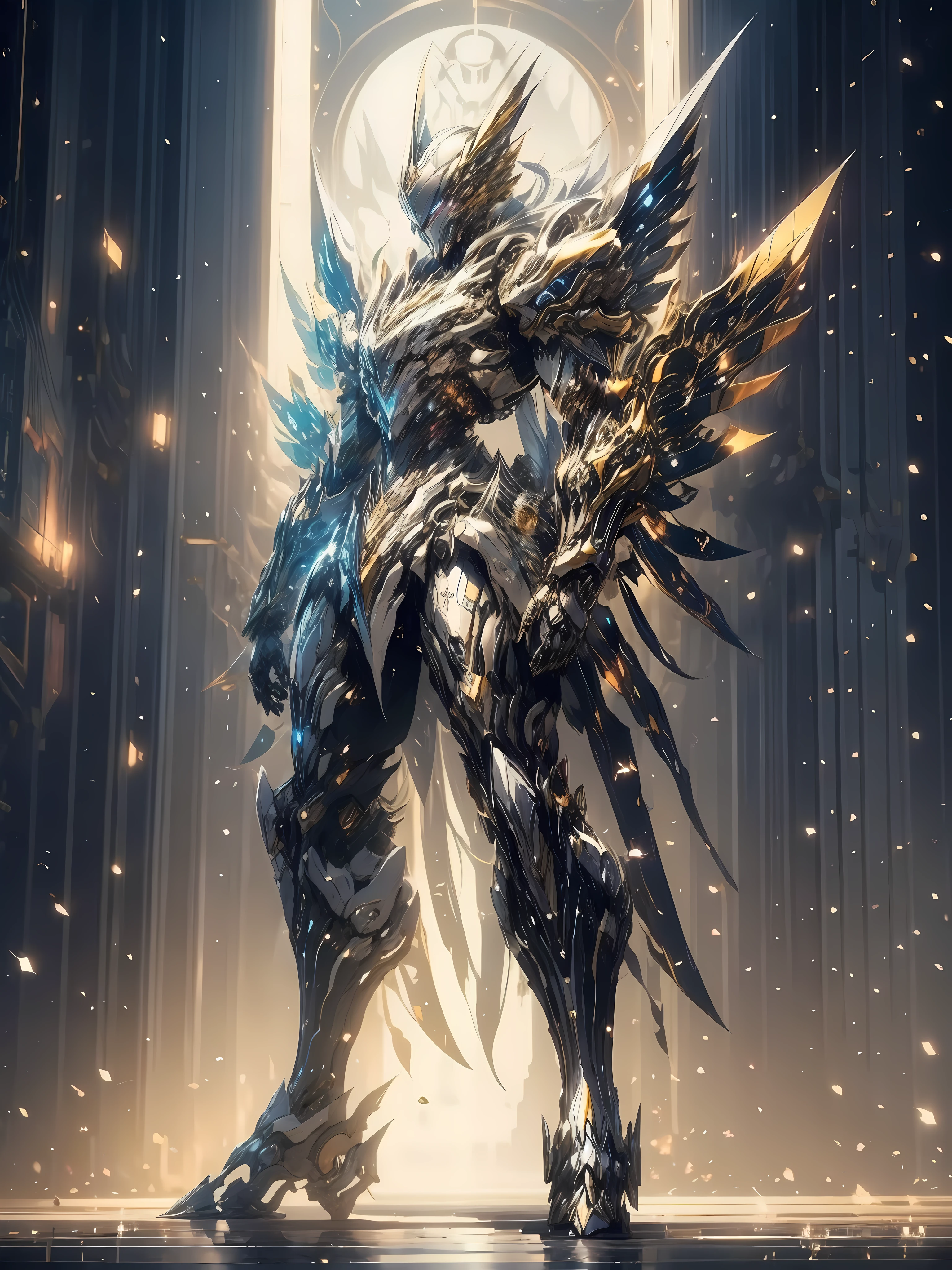 Anime character with clock on background, best anime 4k konachan wallpaper, warframe art, Detailed key anime art, Exquisite War Frame Fan Art, 8k hd wallpaperjpeg artifact, 8 k hd wallpaperjpeg artifact, anime epic artwork, high detailed official artwork, Anime Mecha Aesthetics, covered in full silver armor, Detailed War Frame Fan Art、Feminine silhouette、(giant mechanical wings)、