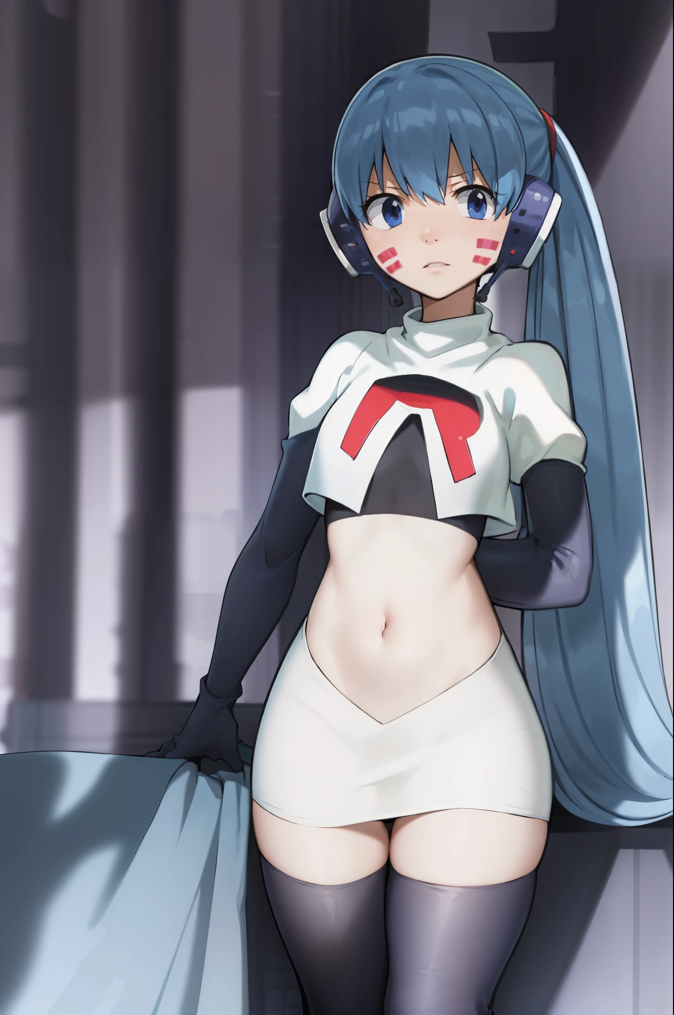 masterpiece, best quality, pov, harmit1, 1girl, solo, blue eyes, blue hair, long hair, twintails, facial mark, headphones, 
team rocket,team rocket uniform, red letter R, white skirt,white crop top,black thigh-highs,black elbow gloves