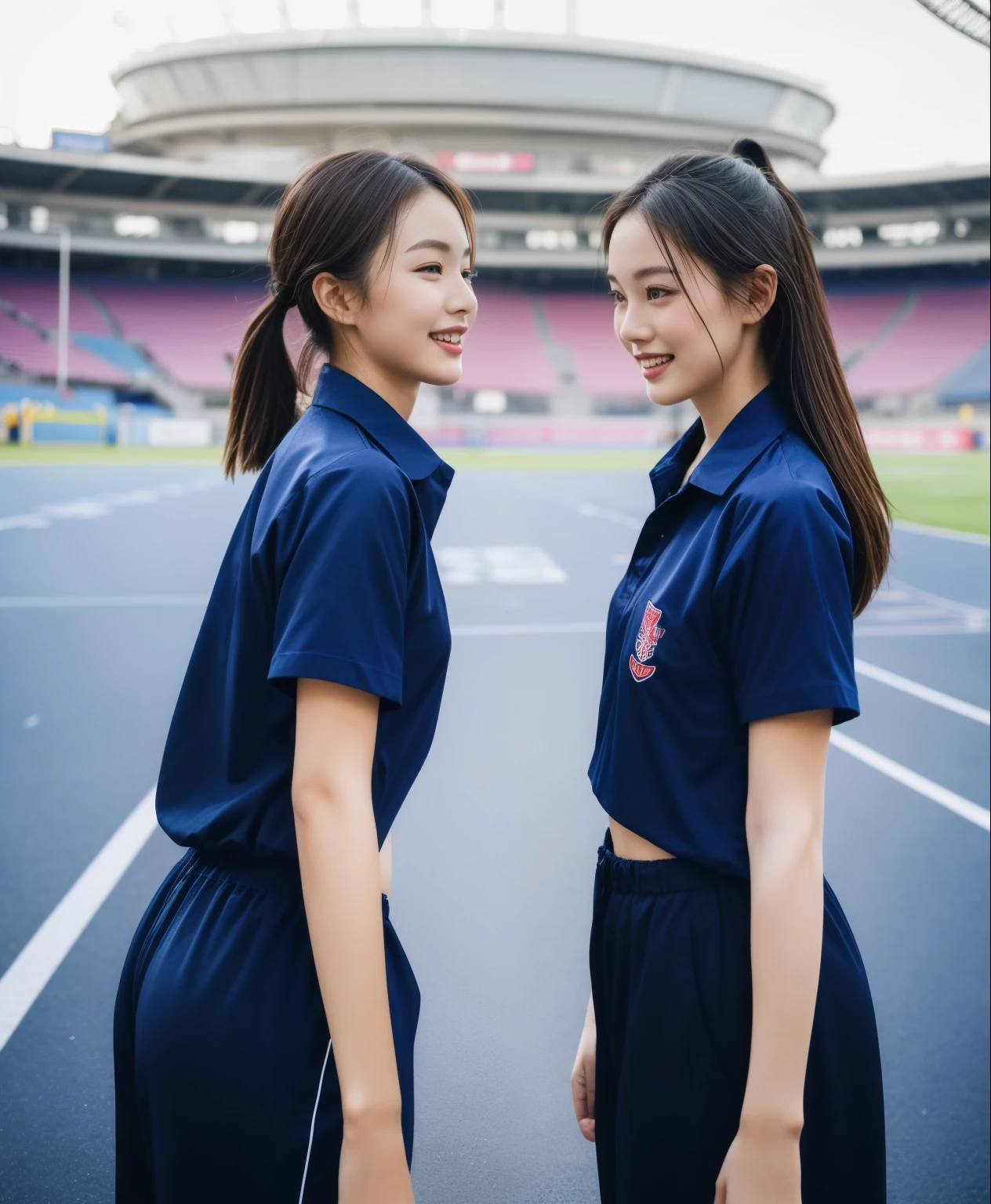 (bestquality,10,10,highres,masterpiece:1.2),ultra-detail,(Realistic,ภาพRealistic,photo-realistic:1.37),1 Cute girl in the football field,oily shiny skin,bara,light smile,BDclothelue shirt:1.3)),short sleeves,shirt, trousers.,(navy_long_ติดตามtrousers:1.1), ((Stadium Background:1.3)),dynamic angle,excited,face focus,Dynamic Poses,from behide,Ass Focus,masterpiece, bestquality, ultra realistic, hyper-detail, 8k resolution, RAW photo, crisp focus, ((Navy blue shirt:1.1)), short sleeves, เส้นทางlong, Complete bodyแบบ, 2 mature women, 18yo, cinematic light,trousersวอร์มสีน้ําเงิน,Gymware,Correct anatomy,Complete body, Correct body, sharp face, Correct bodyทางกายวิภาค, full entire body, Realistic gestures, long-haired, Realistic poses,Wear long shorts.......................................,ช่วงขาlong,Shapely,Sculpting Girl, Slender Figure, mannequin mannequins, Shapely, Beautiful body,trousersวอร์มสีน้ําเงิน, Two girls kissing