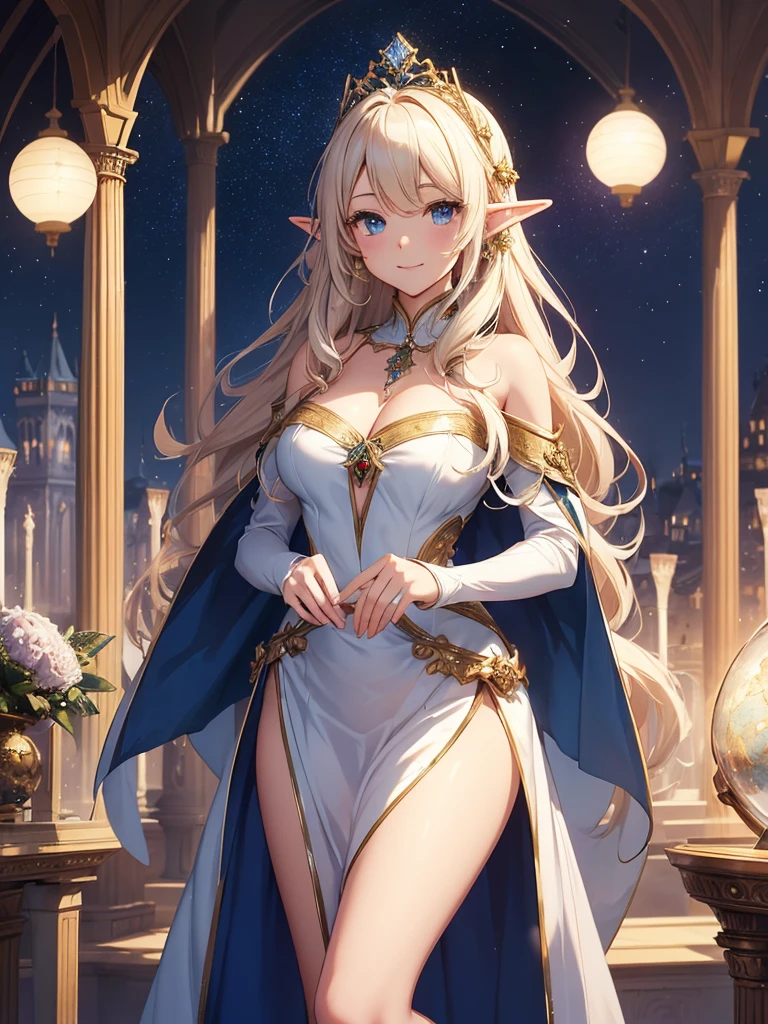 top-quality、Top image quality、​masterpiece、Super beautiful elf beauty((24 year old、Santa Costumes、Santa Hat、Best Bust、big bast、Bust 90,beautiful blue long ironed hair、a blond、globe、A A sexyは、A slender、a closeup、Esbian、beautiful tiara、hiquality、Beautiful Art、Background with((starrysky)))masutepiece、visualart、depth of fields、low angle of night sky、、Elven ears、、light magic、Space Knight、harp melody🎵、Happy smile、Gentle light、、Beautiful legs that are gentle on the skin、、、Number of fingers to achieve precise finger movements、ティッカーBeautiful decoration、elegent、Mystical　　field under the flower garden、Marble pillars, beautiful dressy、Snowy landscape in winter、、巨大なglobe、、Temple of Time、Great watch、hour glass、sundial、NSFW.A sexy、Christmas、Christmasツリー、Beautiful decoration,santadress1.3