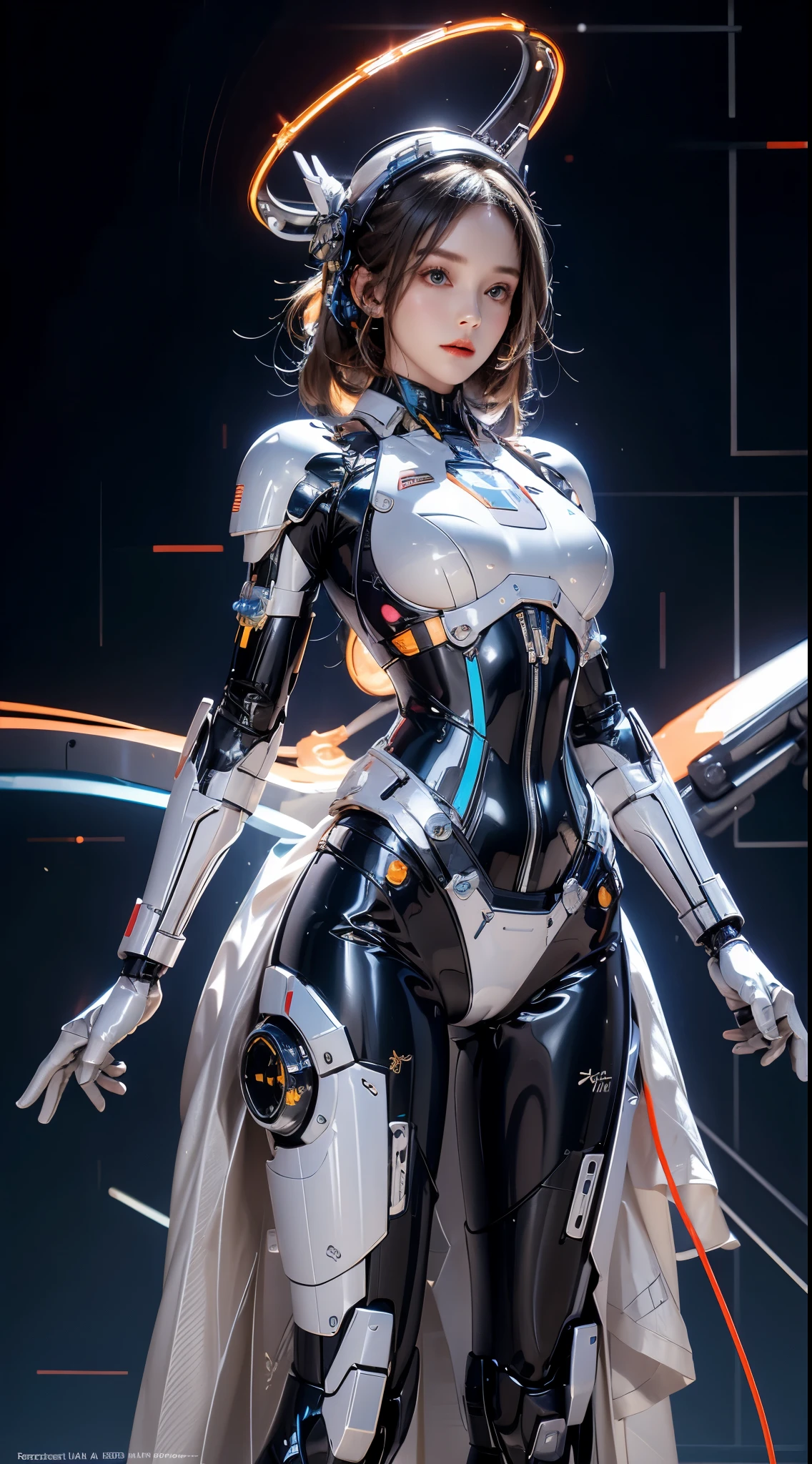 realisticlying, A high resolution, a 1 womone, hip-up, droid, Mecha Maiden,mechanicalparts, droid joints,single mechanical arm, Hats, Mechanical Aura,star halo,Complex mechanical body suit, mecha corset, Full A, White mecha body