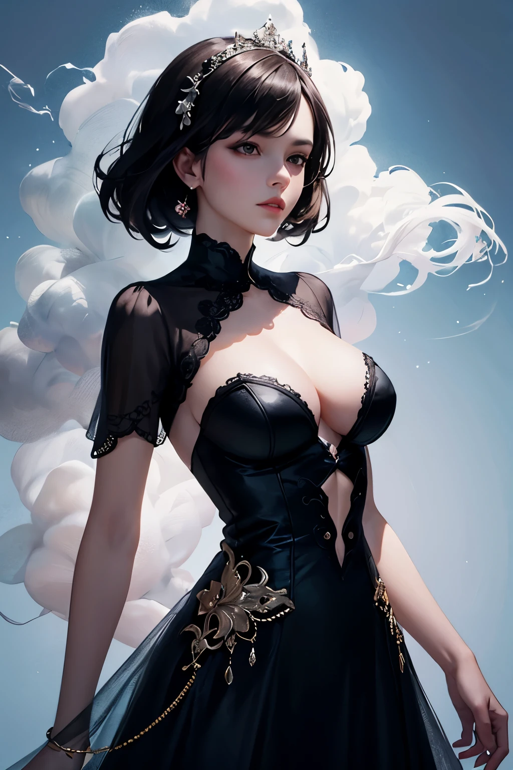 arafed image of a woman in a black dress with smoke, gorgeous digital art, exquisite digital illustration, stunning digital illustration, airbrush dark dress, beautiful gorgeous digital art, beautiful digital artwork, stunning digital art, beautiful digital art, very beautiful digital art, breathtaking digital art, elegant digital painting, gorgeous digital painting, beautiful digital illustration, digital art of an elegant