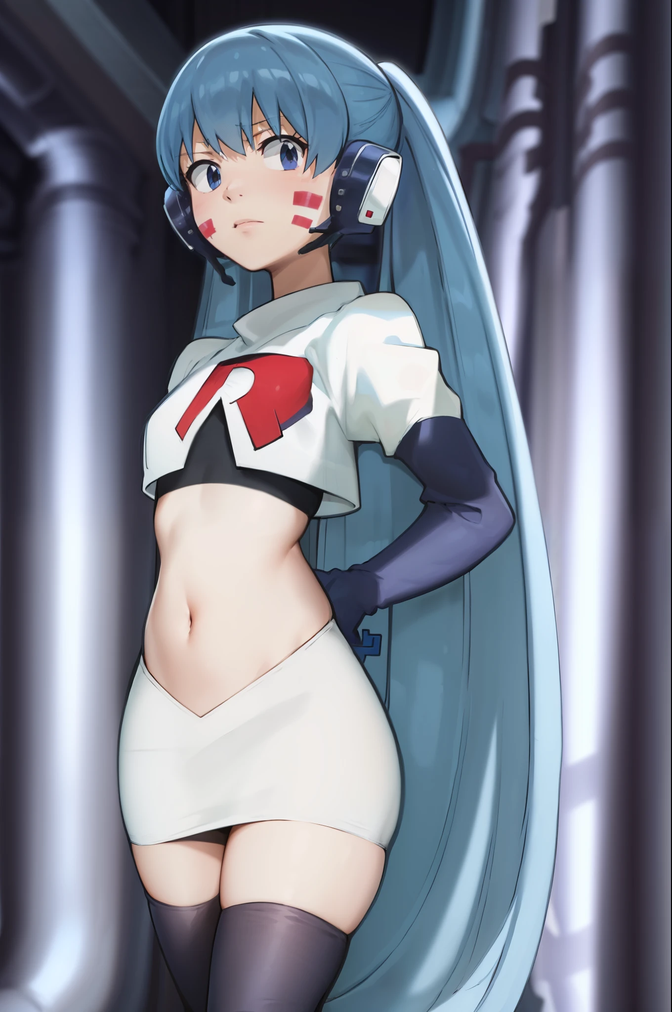 masterpiece, best quality, pov, harmit1, 1girl, solo, blue eyes, blue hair, long hair, twintails, facial mark, headphones, 
team rocket,team rocket uniform, red letter R, white skirt,white crop top,black thigh-highs,black elbow gloves