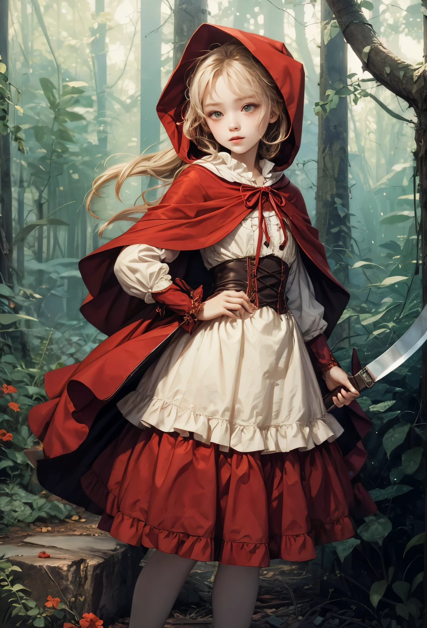 (Detailed illustrations,Very detailed and detailed drawing,Delicate lines with slow and rapid,Realistic texture expression),[Color tressed main line],[deep nordic forest],((irish girl) Beauty ) [Braided hair] Medium flesh and middle back,((Little Red Riding Hood)Apron Dresses[(frilld) bow ribbon]) [Meat cleaver],gravure[[bizarre atmosphere]Gothic horror],(Fine and beautiful skin expression [Transparency]),[完璧な目のdetaileds (Iris beautifully drawn in every detail)[Jewel-like eyes]],[long and beautiful eyelashes],[Meticulously drawn hair [美しく艷やかな髪のdetaileds]],(完璧な手のdetaileds [Beautiful fingers without breakdowns [Beautiful nails]]),(Perfect Anatomy(Perfectly proportioned))[[Full body like]],[Ideal color coordination(Accurate simulation of light-material interactions)],([Precision Detail](detaileds,high-detail)),[[Pale and gentle colors]][Visual art that conveys a sense of narrative] [[Eros in the Natural Body]].