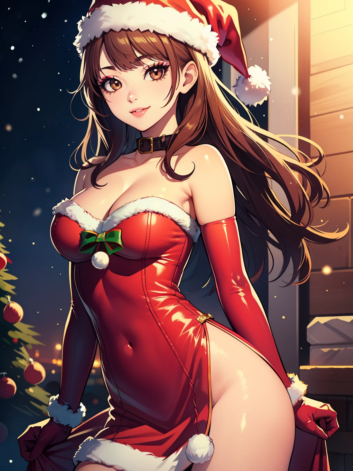 1girl, solo, masterpiece, best quality, high res, highly detailed, (illustration), beautiful detailed eyes, Rise Kujikawa (Persona) , brown eyes ,glossy lips, makeup, smile, long white elbow gloves, cowboy shot, (santa), red santa dress, santa hat, strapless dress, white elbow gloves