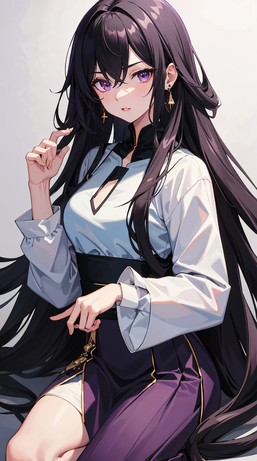 ((Best Quality, 8k, Masterpiece: 1.3)), ),1 anime girl, long hair, black hair, long sleeve dress, long skirts, martial artist, parted lips, black pantyhose, , earrings, purple eyes, detailed face, detailed eyes