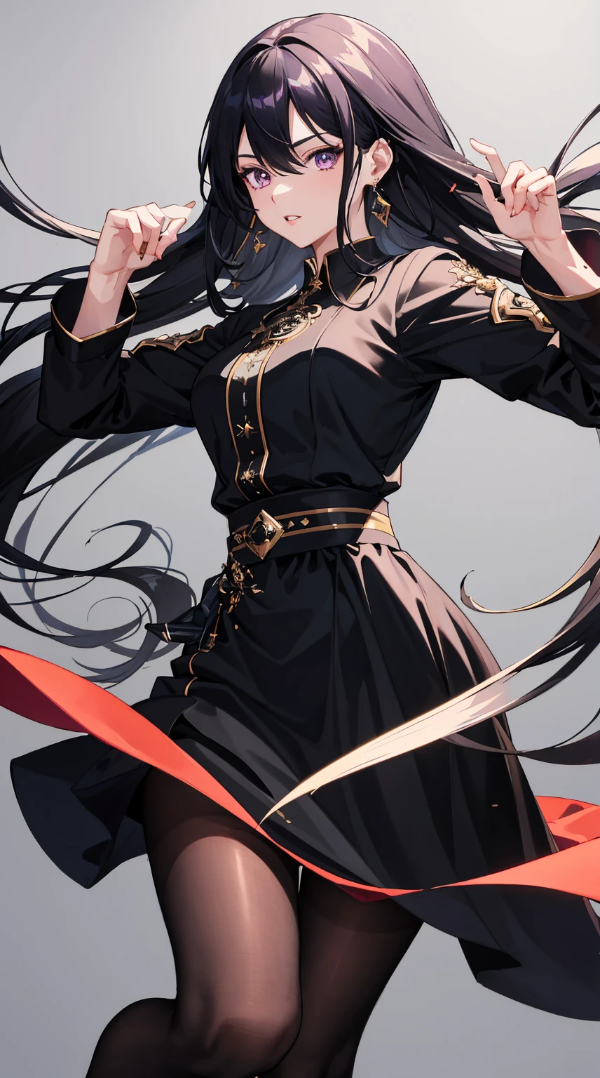 ((Best Quality, 8k, Masterpiece: 1.3)), ),1 anime girl, long hair, black hair, long sleeve dress, long skirts, martial artist, parted lips, black pantyhose, , earrings, purple eyes, detailed face, detailed eyes