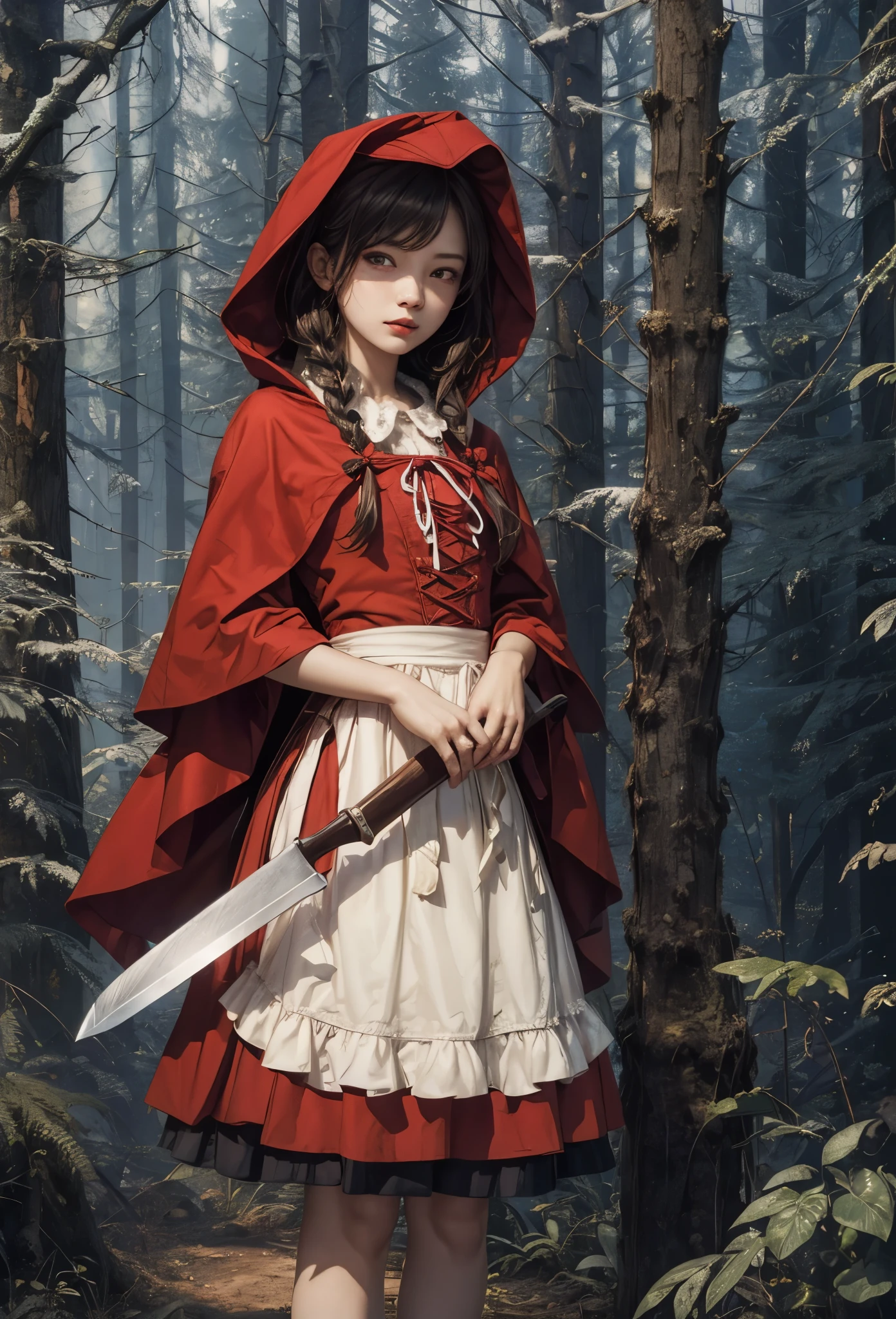 (Detailed illustrations,Very detailed and detailed drawing,Delicate lines with slow and rapid,Realistic texture expression),[Color tressed main line],[deep nordic forest],((irish girl) Beauty 13 years old) [Braided hair] Medium flesh and middle back,((Little Red Riding Hood)Apron Dresses[(frilld) bow ribbon]) [Meat cleaver],gravure[[bizarre atmosphere]Gothic horror],(Fine and beautiful skin expression [Transparency]),[完璧な目のdetaileds (Iris beautifully drawn in every detail)[Jewel-like eyes]],[long and beautiful eyelashes],[Meticulously drawn hair [美しく艷やかな髪のdetaileds]],(完璧な手のdetaileds [Beautiful fingers without breakdowns [Beautiful nails]]),(Perfect Anatomy(Perfectly proportioned))[[Full body like]],[Ideal color coordination(Accurate simulation of light-material interactions)],([Precision Detail](detaileds,high-detail)),[[Pale and gentle colors]][Visual art that conveys a sense of narrative] [[Eros in the Natural Body]].
