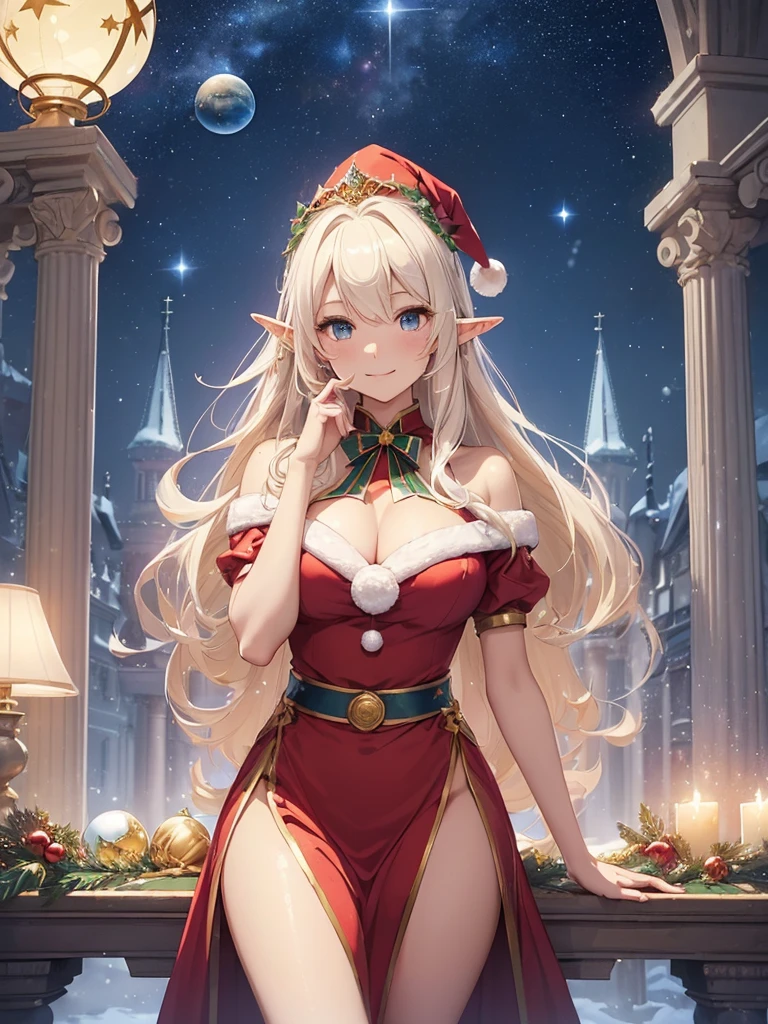 top-quality、Top image quality、​masterpiece、Super beautiful elf beauty((24 year old、Santa Costumes、Santa Hat、Best Bust、big bast、Bust 90,beautiful blue long ironed hair、a blond、globe、A A sexyは、A slender、a closeup、Esbian、beautiful tiara、hiquality、Beautiful Art、Background with((starrysky)))masutepiece、visualart、depth of fields、low angle of night sky、、Elven ears、、light magic、Space Knight、harp melody🎵、Happy smile、Gentle light、、Beautiful legs that are gentle on the skin、、、Number of fingers to achieve precise finger movements、ティッカーBeautiful decoration、elegent、Mystical　　field under the flower garden、Marble pillars, beautiful dressy、Snowy landscape in winter、、巨大なglobe、、Temple of Time、Great watch、hour glass、sundial、NSFW.A sexy、Christmas、Christmasツリー、Beautiful decoration,santadress1.3,X,mas