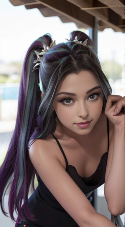 (Obra maestra, La mejor calidad, fotorrealista, Altas Resoluciones, Cinematographer, :1.3), foco nítido, 1 chica adolesente hermosa , Chica Americana , 15 years , Modelo adolesente ,diafragma, Ojos color morado y pupilas altamente detallados, Piel realista, Forma delgada del cuerpo, escote, cabello extremadamente detallado, They are smiling, sexy, fondo variado , ((realista, super-realistic, realismo, Detalles realistas)) Aria Blaze , mlp , lindo maquillaje , sombra de ojos ,labios rojos , cabello largo purpura con mechas color turquesa ,pony tail , cuerpo completo , cuerpo sexy , posando sexy , desnuda , hermosa desnudes , sin ropa , hermosa sonrisa , pose con pierna crusadas , small-nose , adorno de rubi , cafeteria , hermosa desnudes
