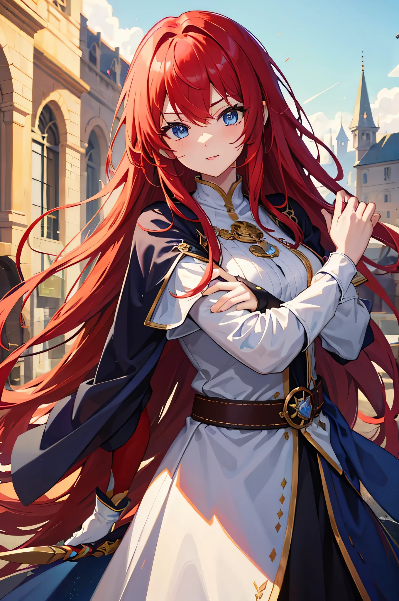 4K,hight resolution,One Woman,Bright red hair,Longhaire,Blue eyes,Knights,white holy armor,jewel decorations,Big sword,medieval town