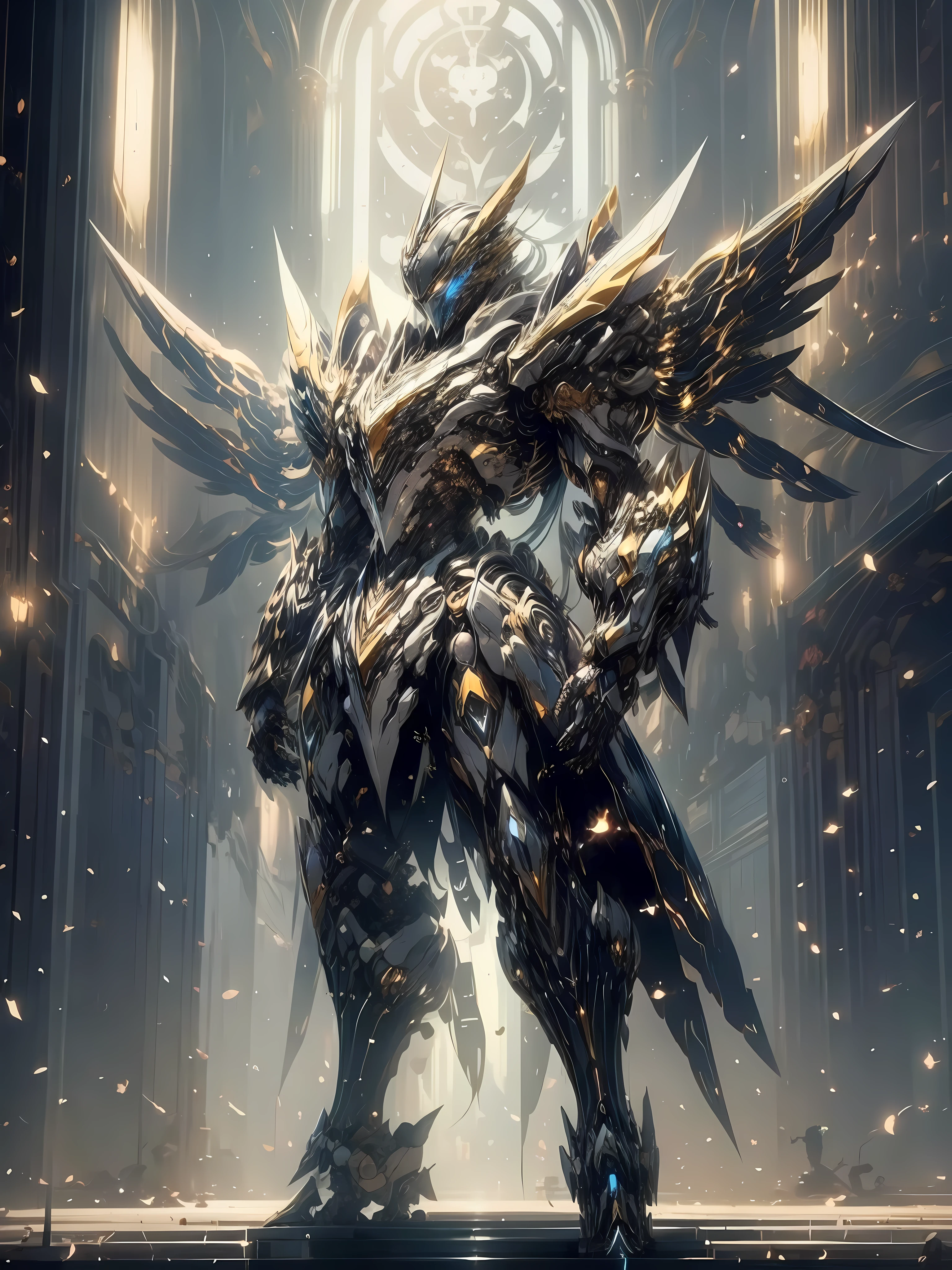 Anime character with clock on background, best anime 4k konachan wallpaper, warframe art, Detailed key anime art, Exquisite War Frame Fan Art, 8k hd wallpaperjpeg artifact, 8 k hd wallpaperjpeg artifact, anime epic artwork, high detailed official artwork, Anime Mecha Aesthetics, covered in full silver armor, Detailed War Frame Fan Art、Feminine silhouette、(giant mechanical wings)、