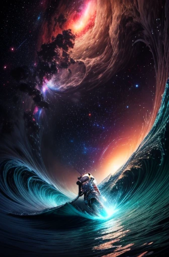 cowboy shot, Ein (((Astronaut surft))) auf einem Surfbrett durch die Galaxie, nebula which is roughly in the shape of a wave, Surfen im tunnel der nebula in der Mitte, mit lebendigen Farben und eine faszinierenden epischen nebula, kein wasser, powers colors