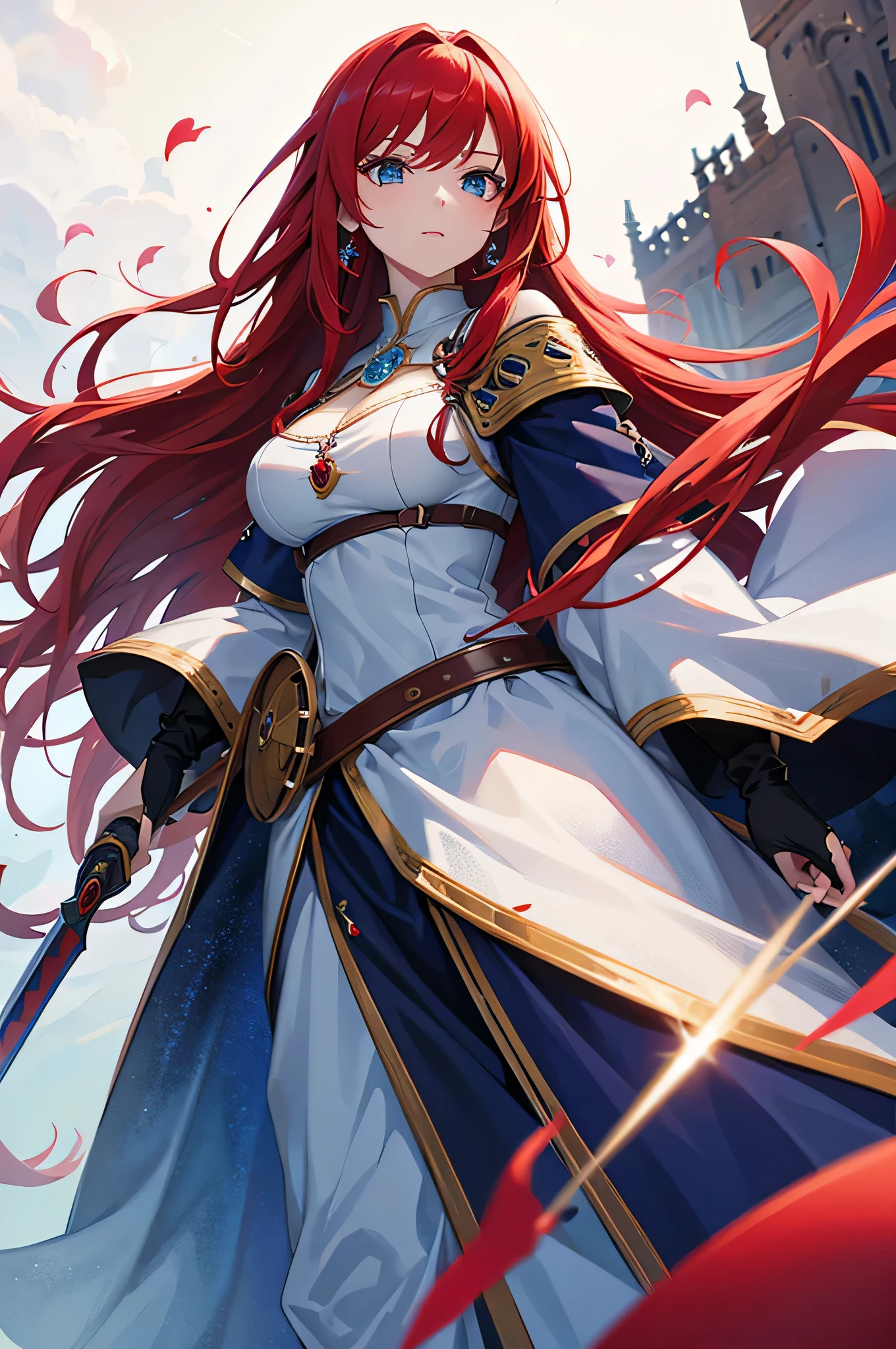 4K,hight resolution,One Woman,Bright red hair,Longhaire,Blue eyes,Knights,white holy armor,jewel decorations,Big sword,medieval town