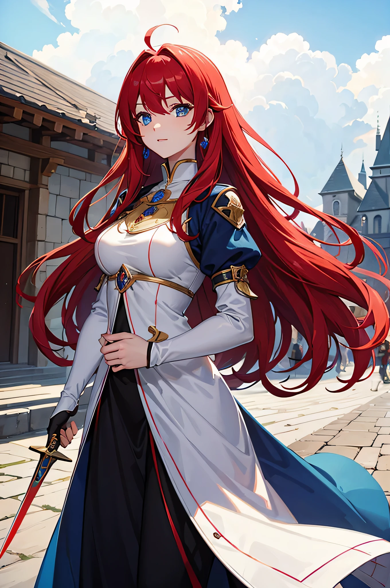 4K,hight resolution,One Woman,Bright red hair,Longhaire,Blue eyes,Knights,white holy armor,jewel decorations,Big sword,medieval town