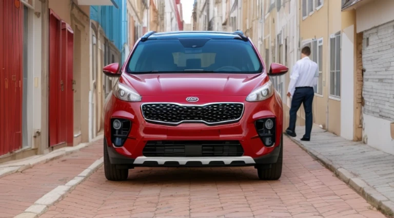 A photo of a red::2 2021 Kia Sportage parked in front of a residential block on a street in Chișinău, Moldova, opened driver's door::3, out of the car steps the driver::4, a 27-year-old Moldovan man::20 dressed in white shirt, blue tie and black trousers.