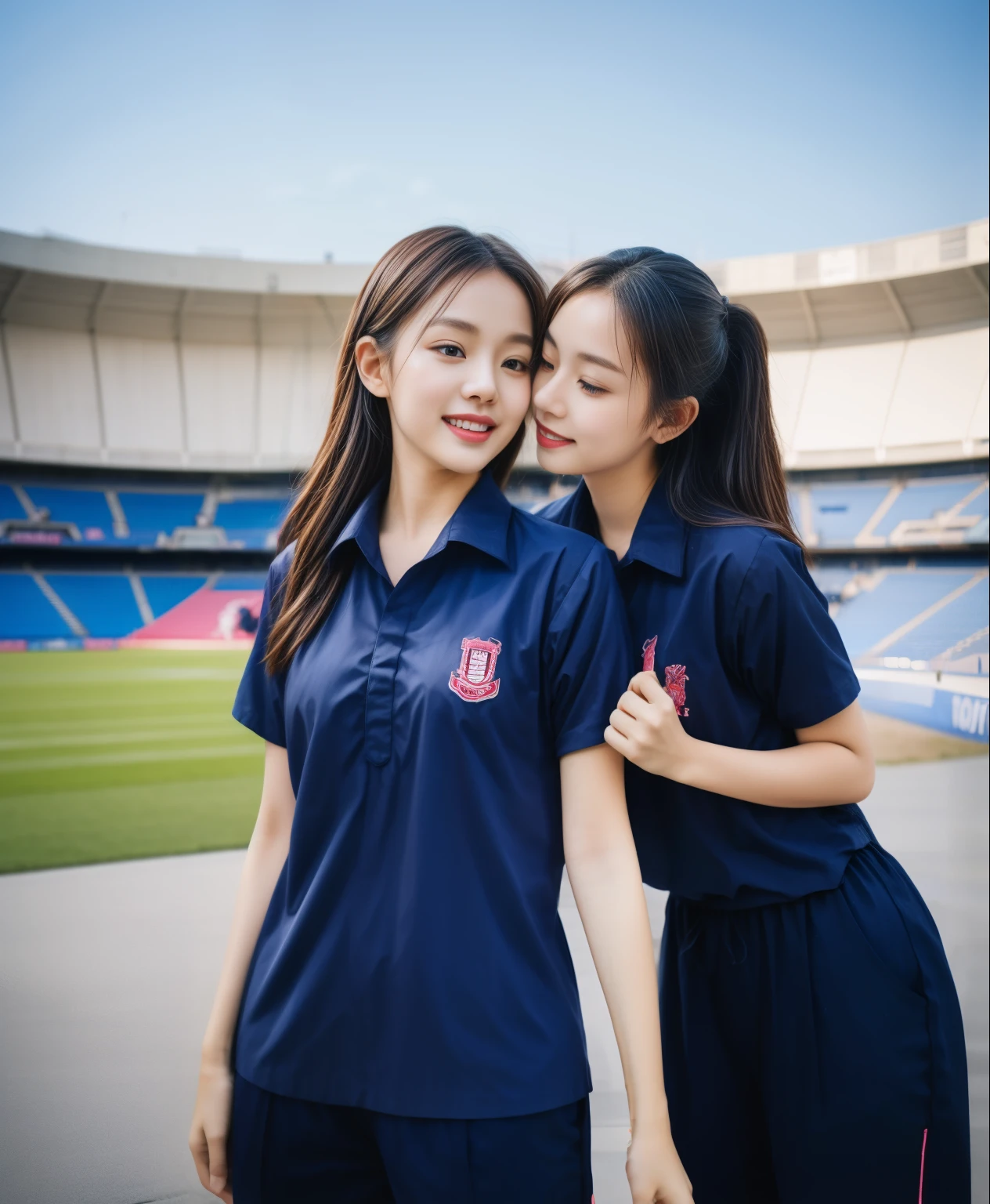 (bestquality,10,10,highres,masterpiece:1.2),ultra-detail,(Realistic,ภาพRealistic,photo-realistic:1.37),1 Cute girl in the football field,oily shiny skin,bara,light smile,BDclothelue shirt:1.3)),short sleeves,shirt, trousers.,(navy_long_ติดตามtrousers:1.1), ((Stadium Background:1.3)),dynamic angle,excited,face focus,Dynamic Poses,from behide,Ass Focus,masterpiece, bestquality, ultra realistic, hyper-detail, 8k resolution, RAW photo, crisp focus, ((Navy blue shirt:1.1)), short sleeves, เส้นทางlong, Complete bodyแบบ, 2 mature women, 18yo, cinematic light,trousersวอร์มสีน้ําเงิน,Gymware,Correct anatomy,Complete body, Correct body, sharp face, Correct bodyทางกายวิภาค, full entire body, Realistic gestures, long-haired, Realistic poses,Wear long shorts...........................................,ช่วงขาlong,Shapely,Sculpting Girl, Slender Figure, mannequin mannequins, Shapely, Beautiful body,trousersวอร์มสีน้ําเงิน, Two girls kissing