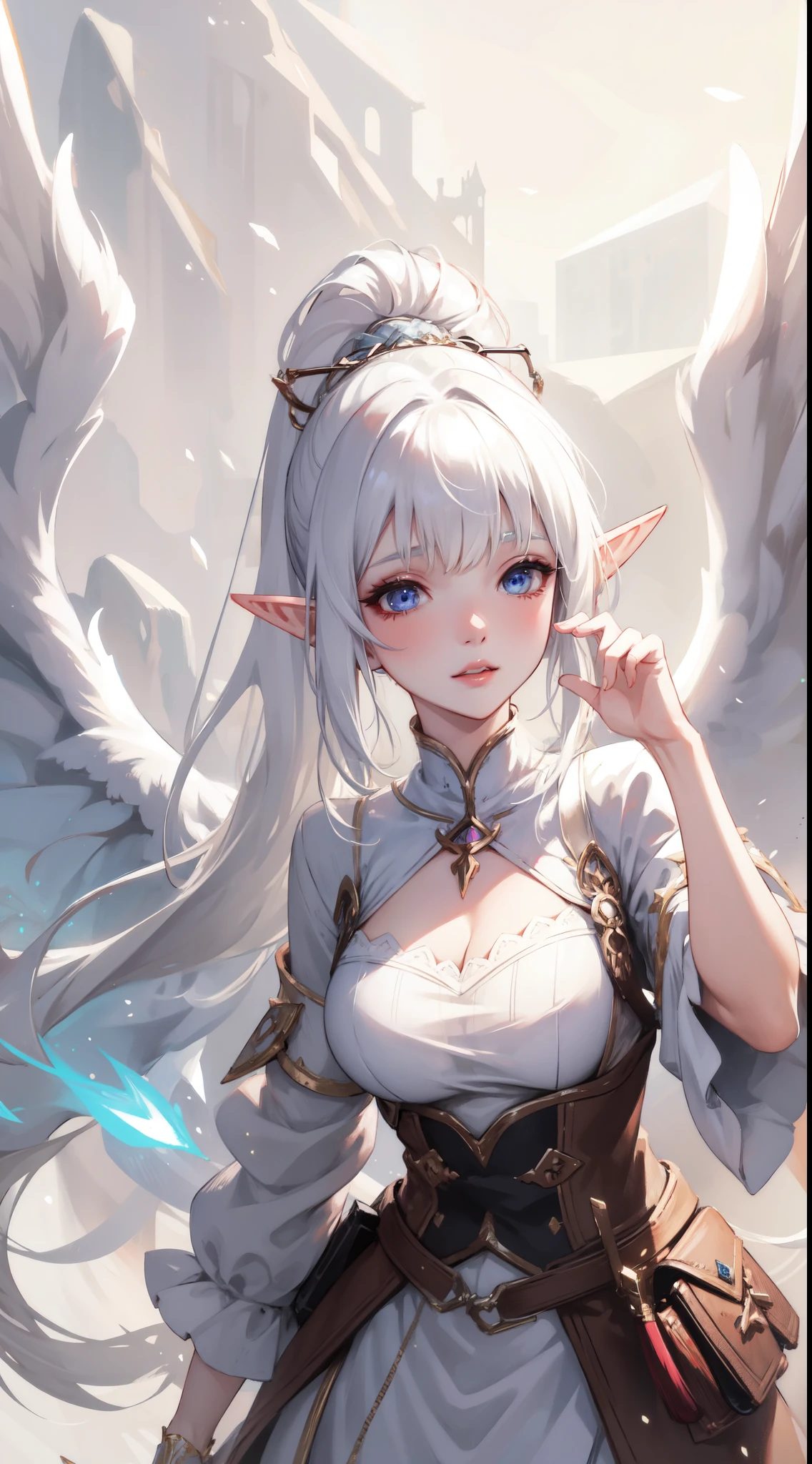 ((masterpiece, best quality)), official art, unity 8k wallpaper, ultra detailed, Rusticcore, contest winner, pixiv, Disgusting a white haired elf woman with wings and jewels on her head and chest, wearing a white dress with silver wings and a silver collar, (Charlie Bowater:0.158) , (Yoshitaka Amano:0.073) , (a character portrait:0.265) , (whiteglovefantasy art:0.457) and Light particle, extremely beautiful, Analytical Art, 8K, best quality, DayGlo orange dust particles, dslr, anaglyph effect, highly detailed of (elf), (1girl), solo, perfect face, details eye, ponytail, Blunt bangs, (hair between eye), white hair, blue eyes, fantasy art by Artgerm, by Kawacy, by Wadim kashin, BREAK, eyelashes, eyeshadow, pink eyeshadow,