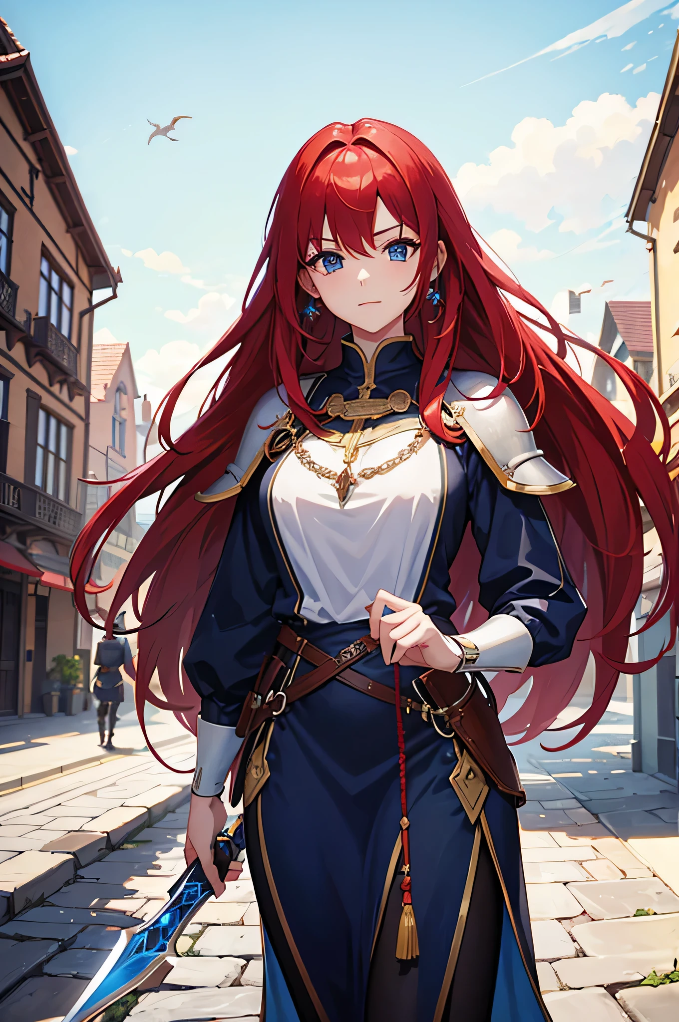 4K,hight resolution,One Woman,Bright red hair,Longhaire,Blue eyes,Knights,white holy armor,jewel decorations,Big sword,medieval town