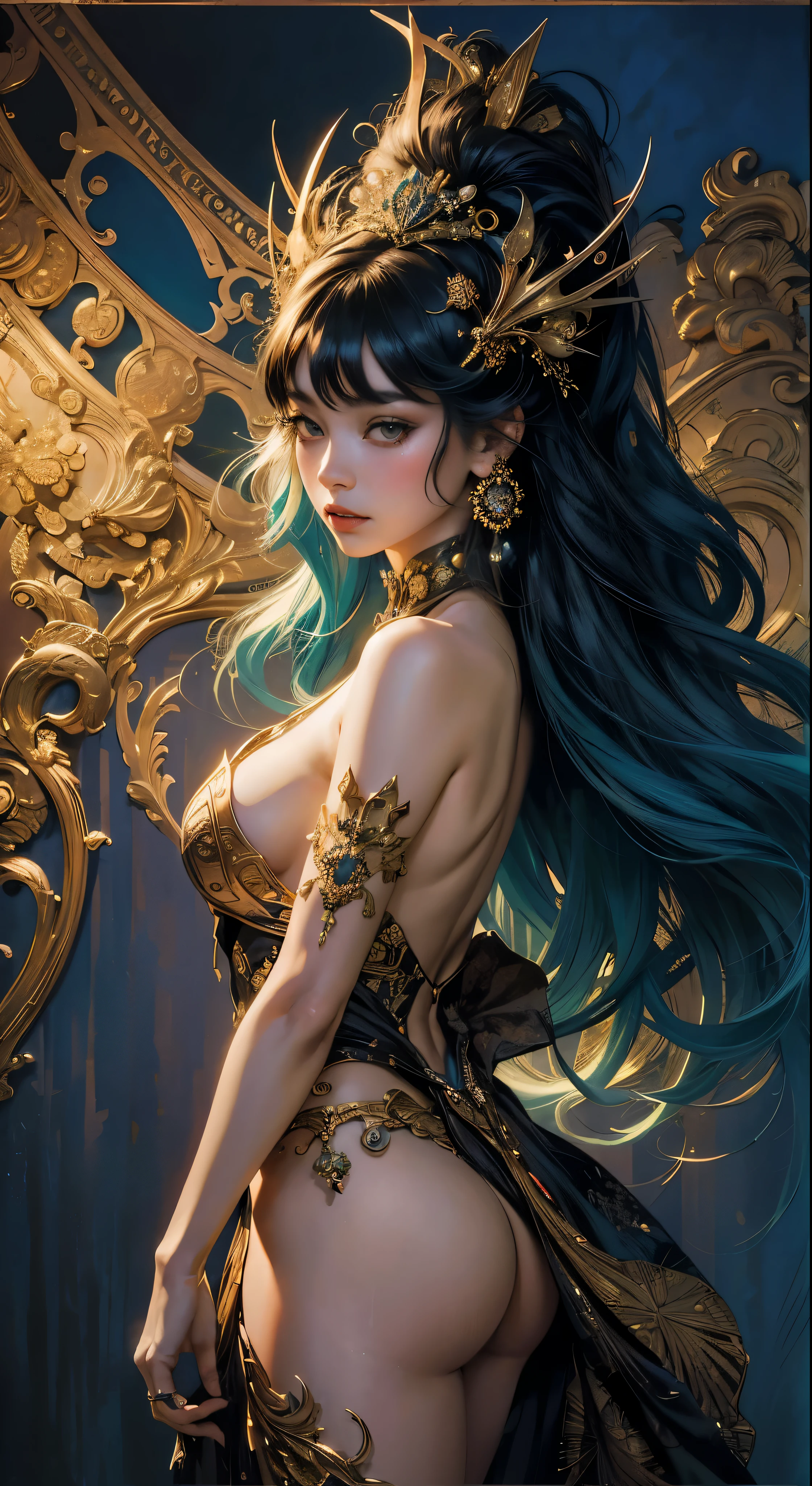 Cinematic scenes,Christmas NSFW Gorgeous Naked Princess ,hide one's hands,No hands,,nude,erotic posing,Sexual Posing,Like the work of Klimt,Like the work of Amcha,Inspired by Klimt and Mucha,Bright and colorful tones,colourful hair,Stylish,Anime Girl,fantrome,NSFW,busty,Gorgeous,Glamour, Inspired by Robert McGinnis, inspired by Grete Stern, style of takato yamamoto, Guido Crepax, Guido Crepax Style, tenderness, Vania Zhurvyov, Inspired by Leonor Fini, Long-tail cultivation, inspired by Takato Yamamoto.masutepiece,ultimate quallity,Detailed background, tag: Beautiful detailed eyes, Beautiful detailed lips, extremely detailed eye and face, long eyelash quality:1.2), Ultra-detailed, (Realistic:1.37),hyperphotorealistic,, Color contrast, High resolution, Psychedelic Dresses, Inspired by Robert McGinnis, Grete Stern style, Takato Yamamoto Style, Guido Crepax Style, Inspired by Amano, Inspired by Vania Yuravyevov, Inspired by Leonor Fini, Inspired by Hideboshi Nagao, Inspired by Takashi Yamamoto, Vivid colors, Dramatic Lighting, Impressive composition, Intriguing atmosphere, Feminine elegance.