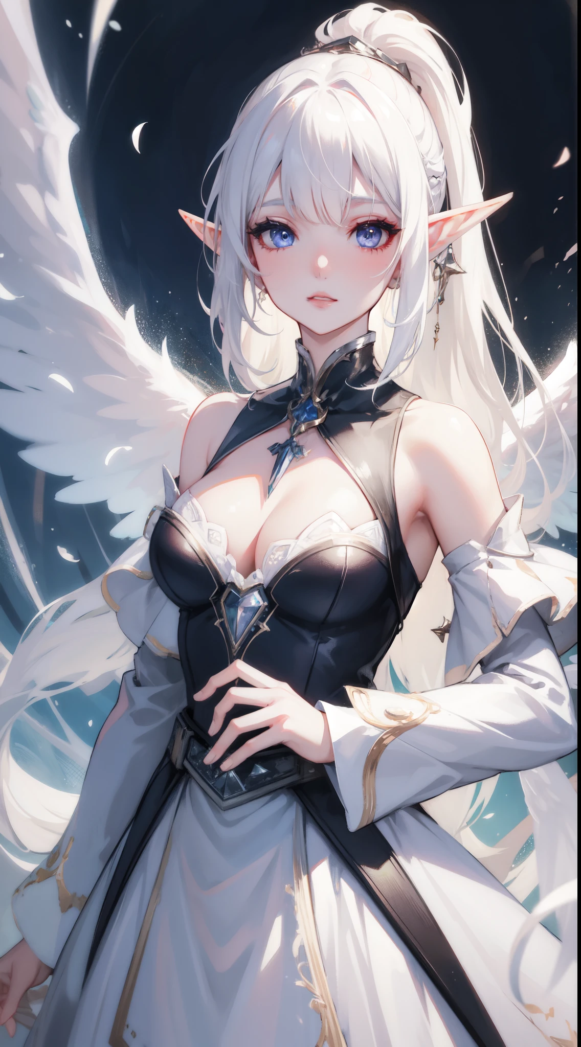 ((masterpiece, best quality)), official art, unity 8k wallpaper, ultra detailed, Rusticcore, contest winner, pixiv, Disgusting a white haired elf woman with wings and jewels on her head and chest, wearing a white dress with silver wings and a silver collar, (Charlie Bowater:0.158) , (Yoshitaka Amano:0.073) , (a character portrait:0.265) , (whiteglovefantasy art:0.457) and Light particle, extremely beautiful, Analytical Art, 8K, best quality, DayGlo orange dust particles, dslr, anaglyph effect, highly detailed of (elf), (1girl), solo, perfect face, details eye, ponytail, Blunt bangs, (hair between eye), white hair, blue eyes, fantasy art by Artgerm, by Kawacy, by Wadim kashin, BREAK, eyelashes, eyeshadow, pink eyeshadow,