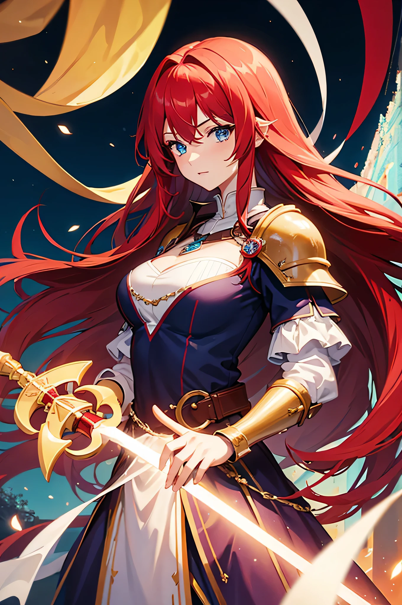 4K,hight resolution,One Woman,Bright red hair,Longhaire,Blue eyes,Knights,white holy armor,jewel decorations,Longsword,medieval town